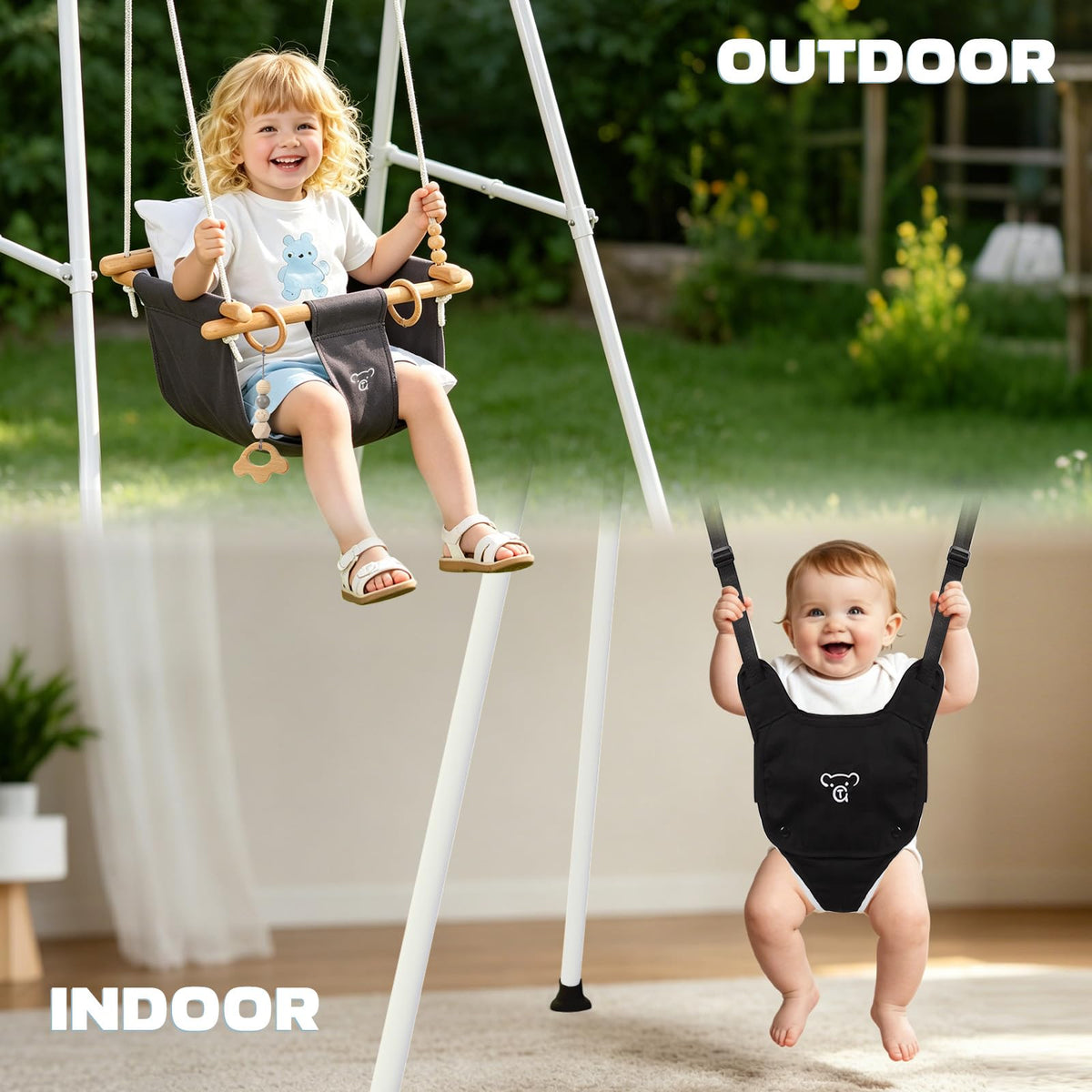 2 in 1 Baby Jumper & Swing, Foldable Stand, Toddler Swing Set for Indoor & Outdoor