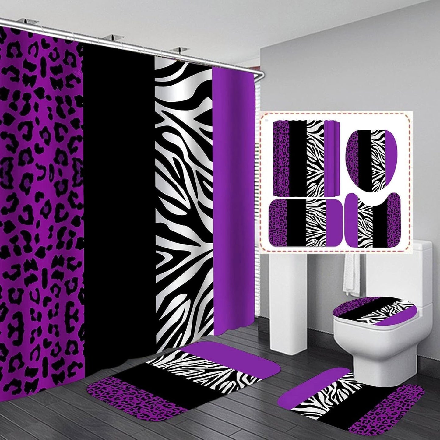 jieprom 4PCS Leopard Print Shower Curtain Set with Rug, Toilet Lid Cover and Bath Mat, Purple Black Splice Shower Curtain with 12 Hooks, Shower Curtain for Bathroom Decor Set