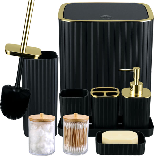 Bathroom Accessories Set-9PC Set with Toilet Brush, Trash Can, Soap Dispenser, Q-Tip Holder | Modern Home Bath Essentials (Black, Bath Set)