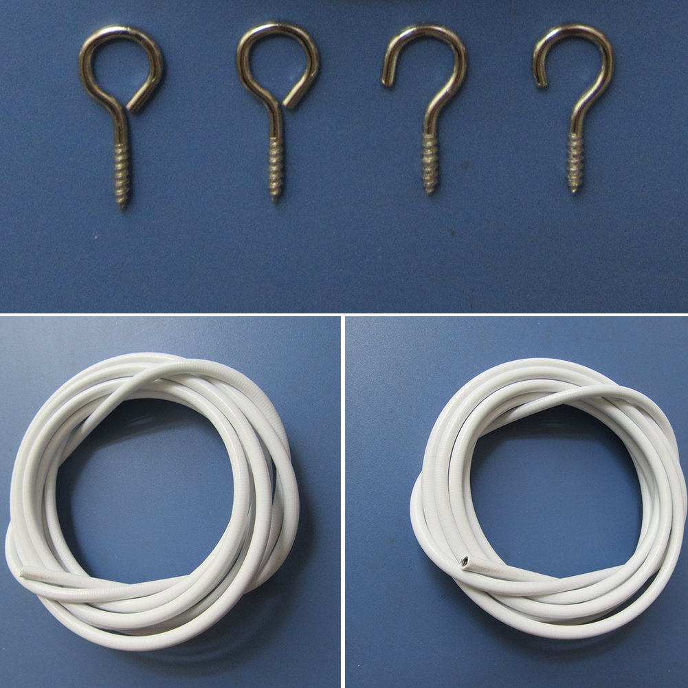 White Net Curtain Wire Kit, No Stretch Hanging Cord, 4 Hooks & 4 Fish Eyes