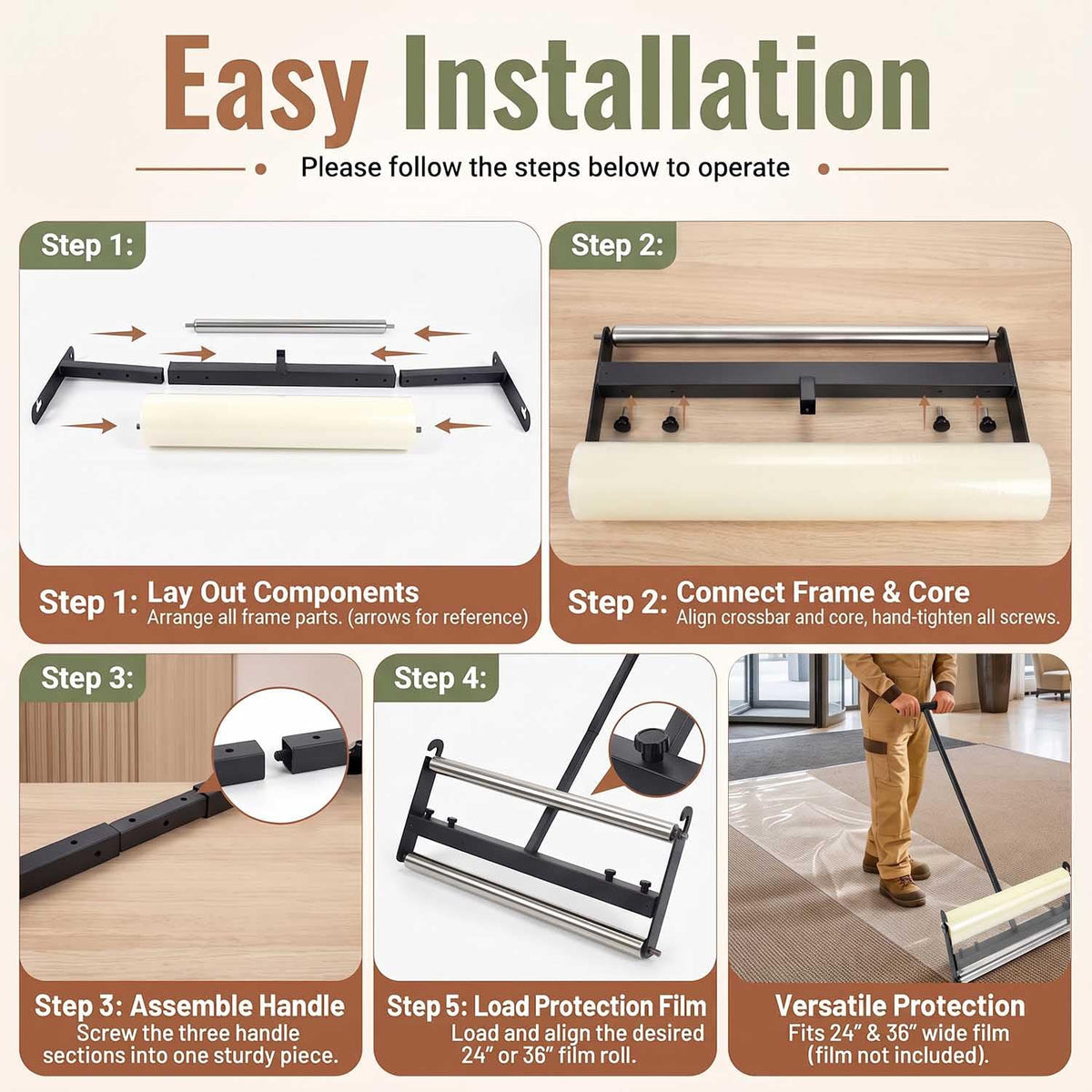Carpet Protection Film Applicator, Dual Rollers, Quick Change, ADJ 24"&36"W