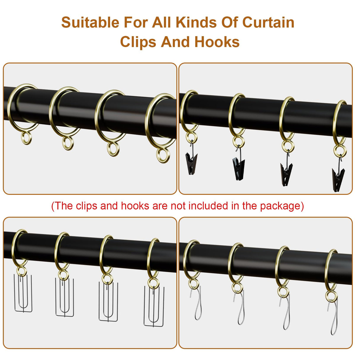 GASRONS 50 Pack Gold Metal Curtain Rings with Eyelets, 1.5 inch Inner Diameter Drapery Rings Apply for Curtain Rods(Fits Up to 1 1/4-Inch Rod)