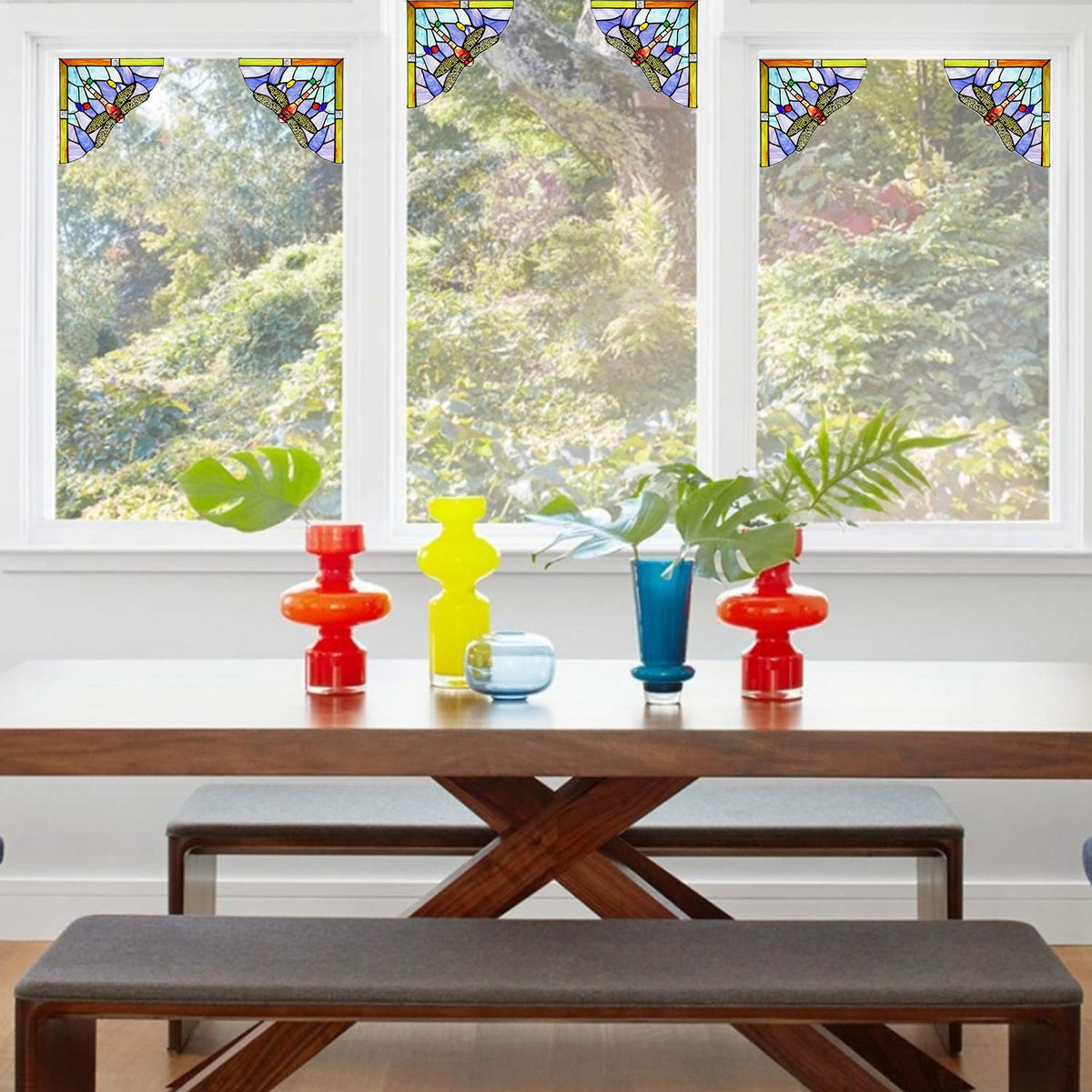 Capulina Blue Dragonfly Stained Glass Panel Window Door Corner(1 Pair)
