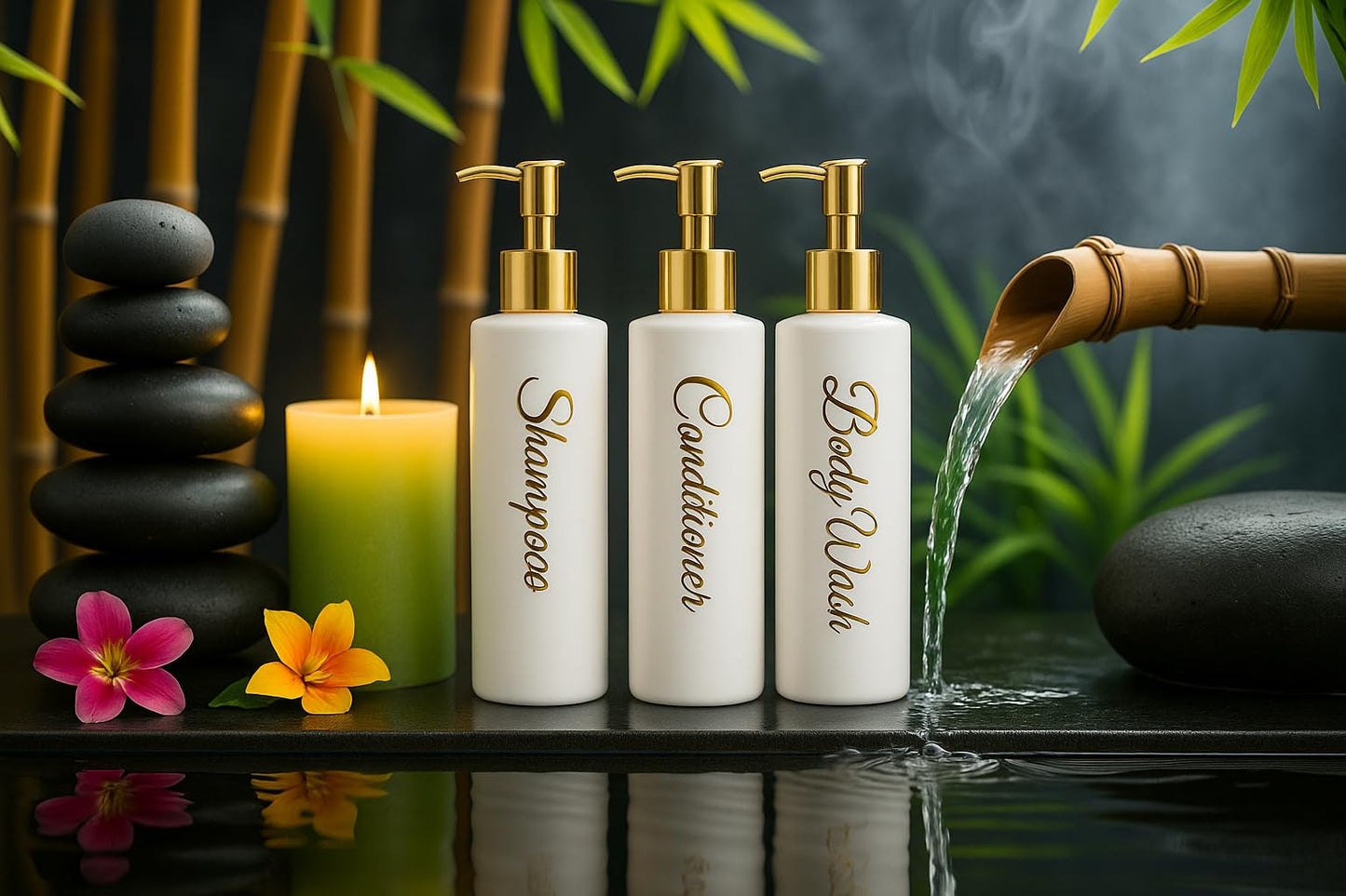 uMadeUs Shampoo and Conditioner Dispenser - Essentials Toiletry Bottles - Shower Refillable Shampoo and Body Wash Soap Pump Bottle – 3X 16oz Family Size Containers - White Round All Gold Pump