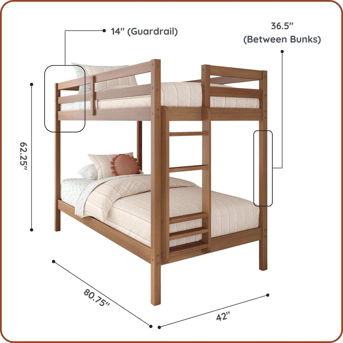Grain & Grove Bear Twin Over Twin Bunk Bed, Sturdy Bunk Bed Frame for Kids, Plywood Bunk with Ladder, Guardrail, and Slats, No Box Spring Required, Oak Embossed Pecan
