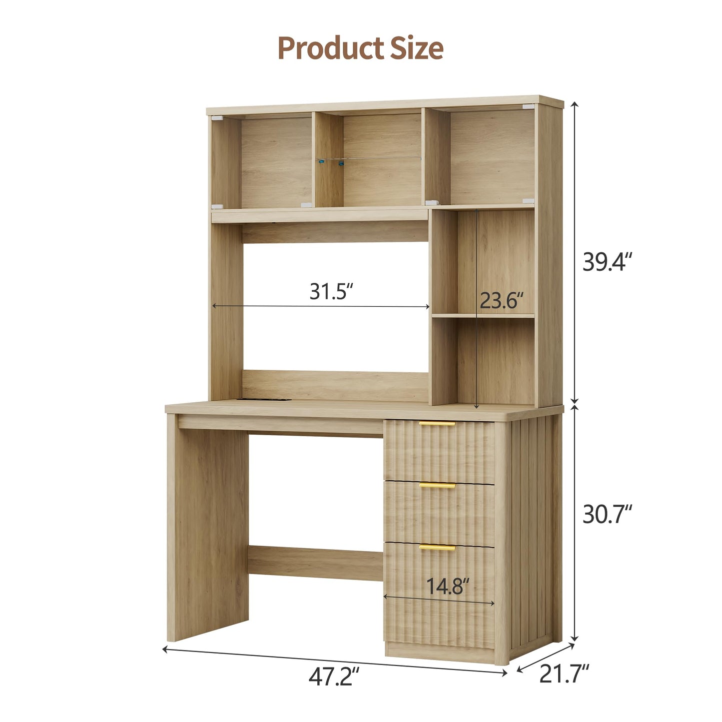 FREDEES LED Study Desk with Hutch, Home Office Desk with Charging Station & Storage Drawer, 70'H Writing Table with Glass Display Cabinet, 3 Color Light Computer Desks for Study, Wood