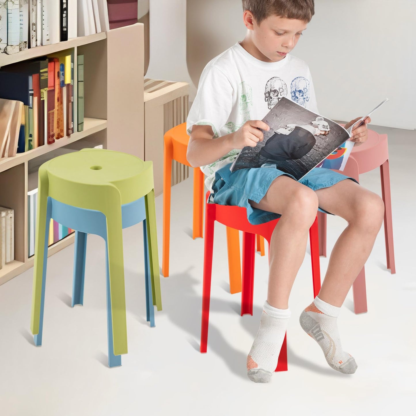HUASSION 5 Pack Plastic Stackable Stools, 18 Inch Colorful Round Classroom Stools for School, Kindergarten, Home & Office
