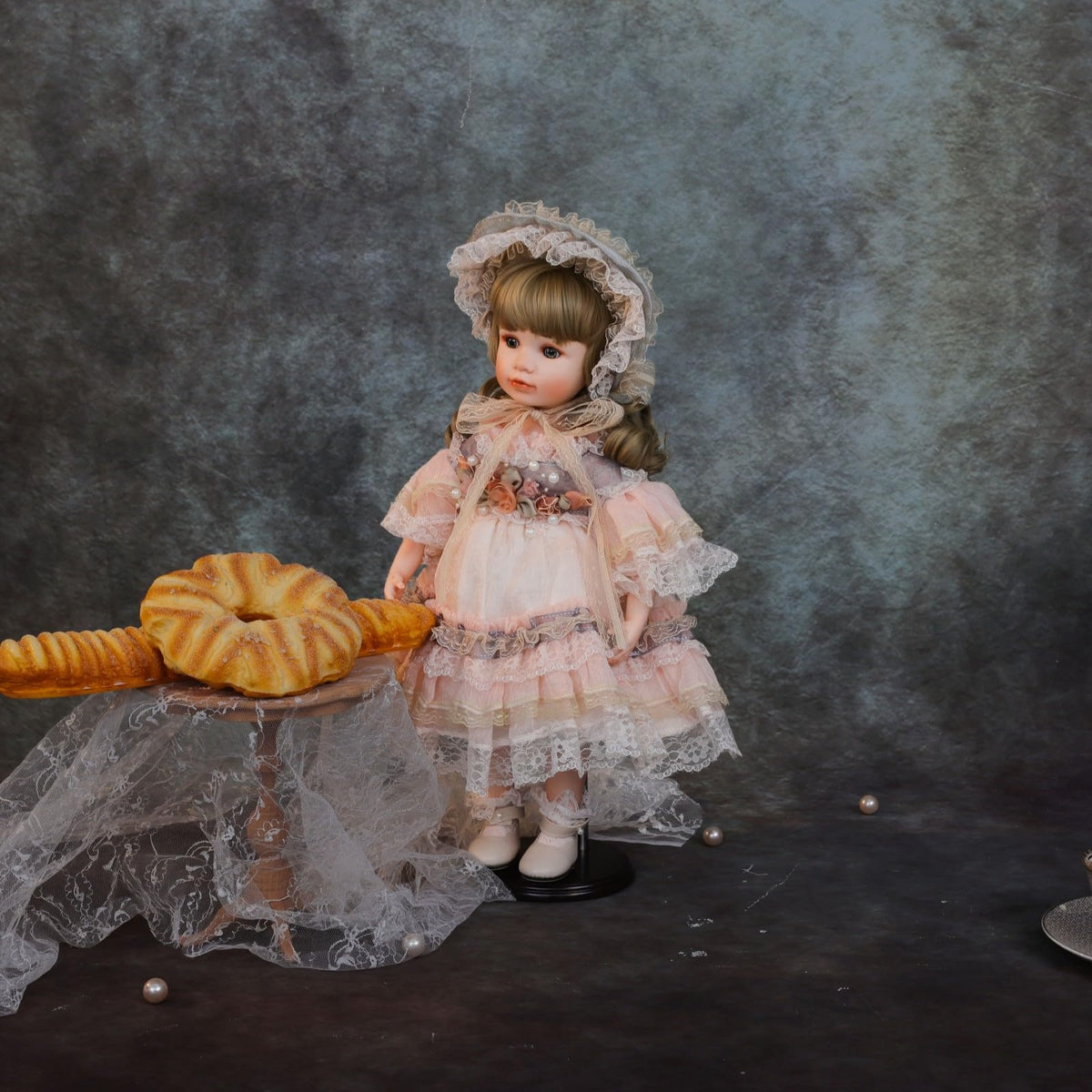 Cloveray 18 Inch Kawaii Porcelain ＆ Fabric Doll Cute European Retro Handmade Ceramic Doll with Showing Stand for Room Decor, Birthday Gifts, Collectible ，Name Olivier (Pink)