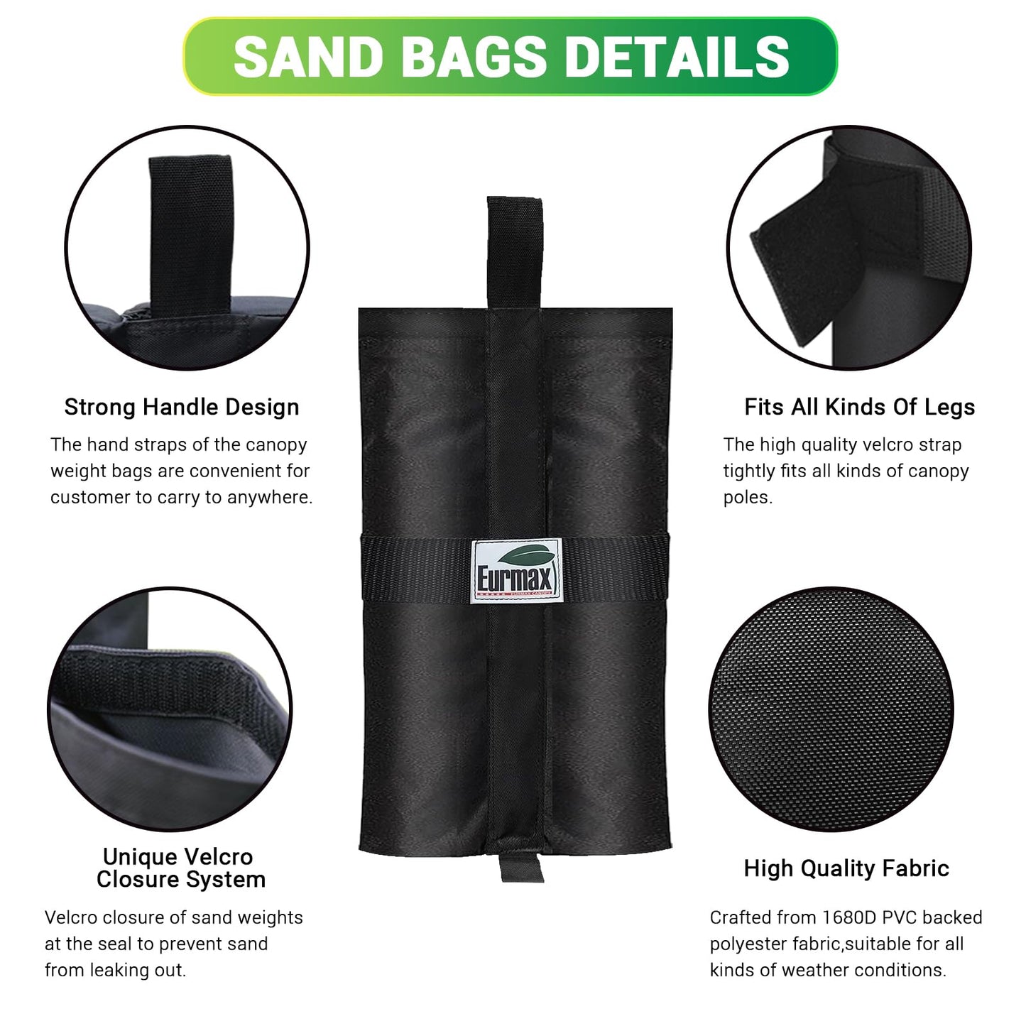 Eurmax USA 4-Pack 150LBS Capacity Universal Canopy Weight Bags,Heavy Duty Windproof Sandbags with All-Around Wrap Design,Ultimate Stability for Pop Up Tent,Shelter in High Winds(Sand Not Included)