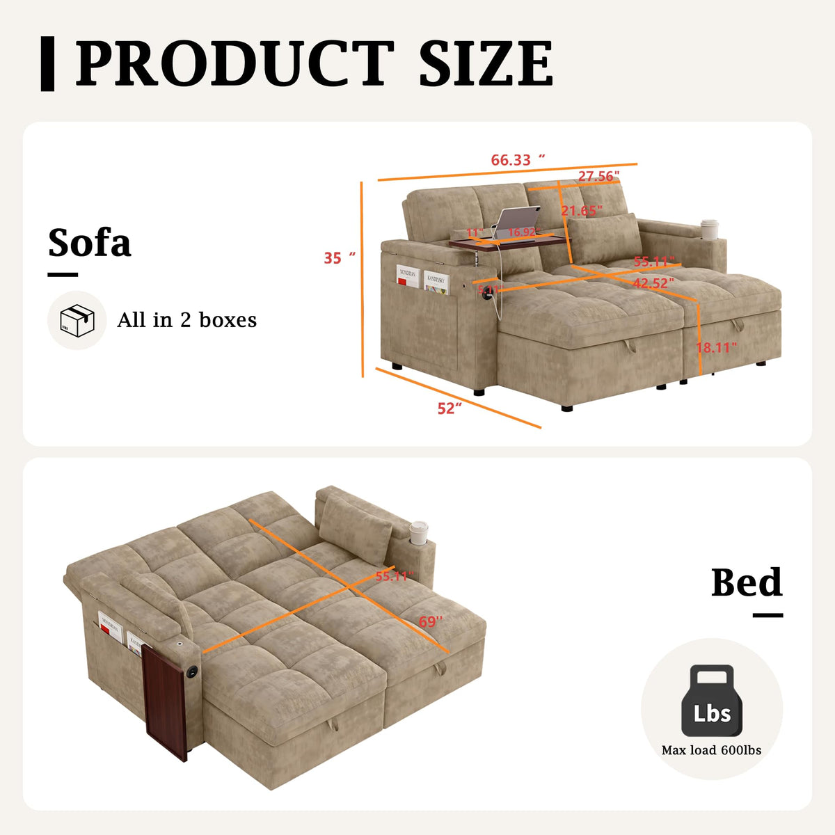 66.33'' Sleeper Sofa Bed Full Size, Convertible Couch for RVs, Taupe