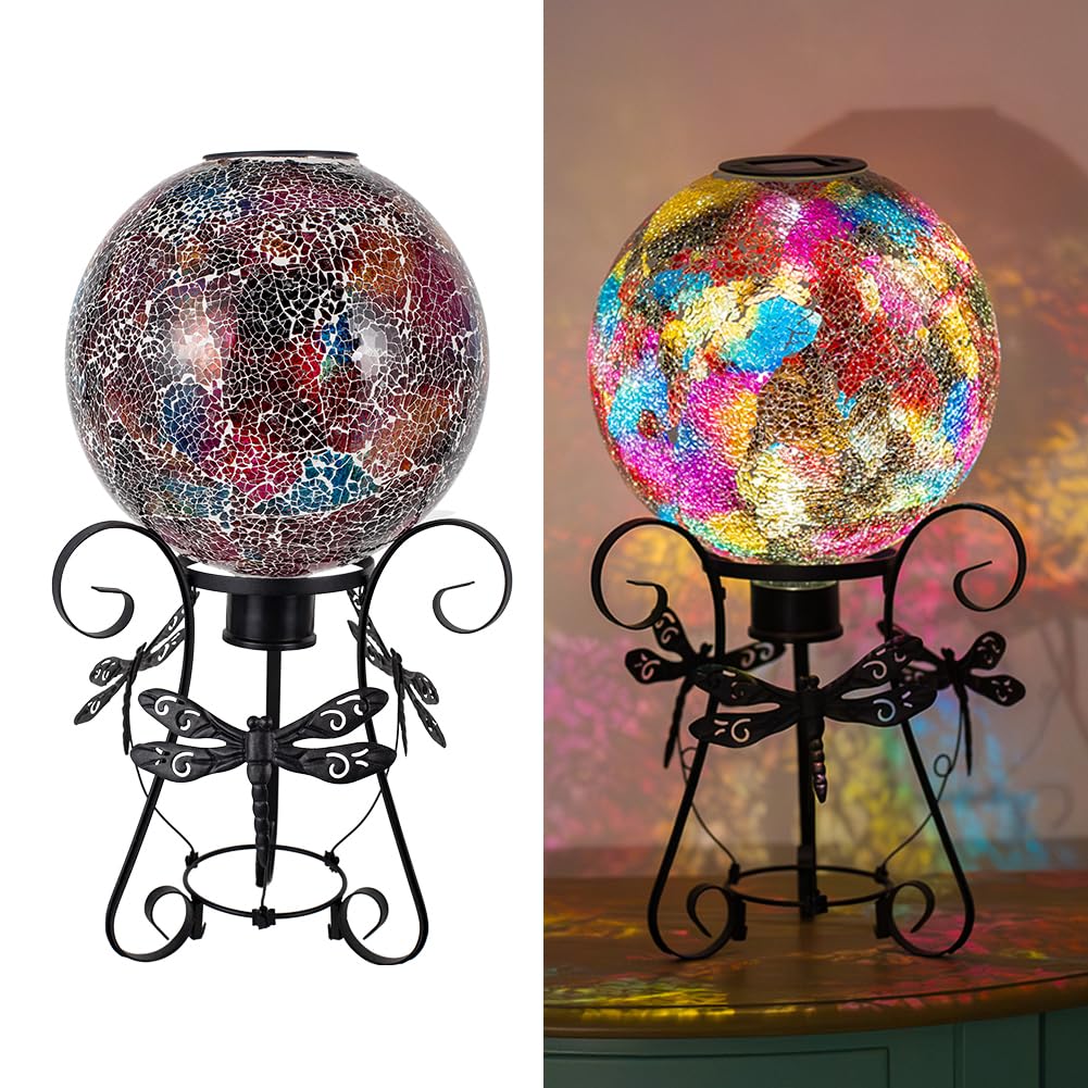 Stargarden Solar Gazing Ball, 10" Mosaic Gazing Ball,Glass Gazing Globe with Metal Stand, Decorative Solar Globes for Patio, Lawn, Garden Decor(Red)