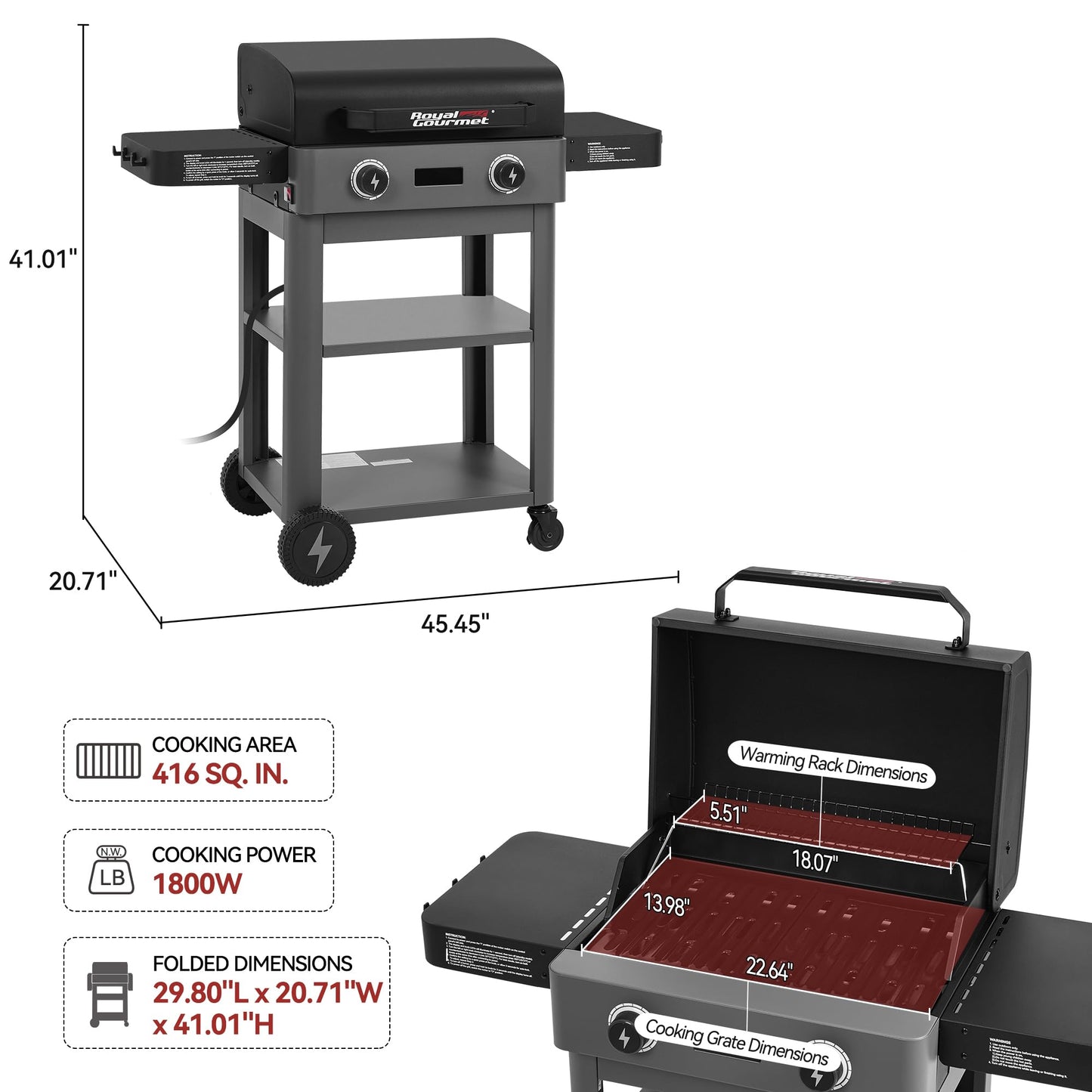 Royal Gourmet DL2001 Dual-Zone Electric Grill with Collapsible Side Shelves, 1800W Powerful Outdoor Electric Grill, 416 Sq. In., Digital Thermometer, Waterproof Switch, Backyard Cooking, Gray & Black