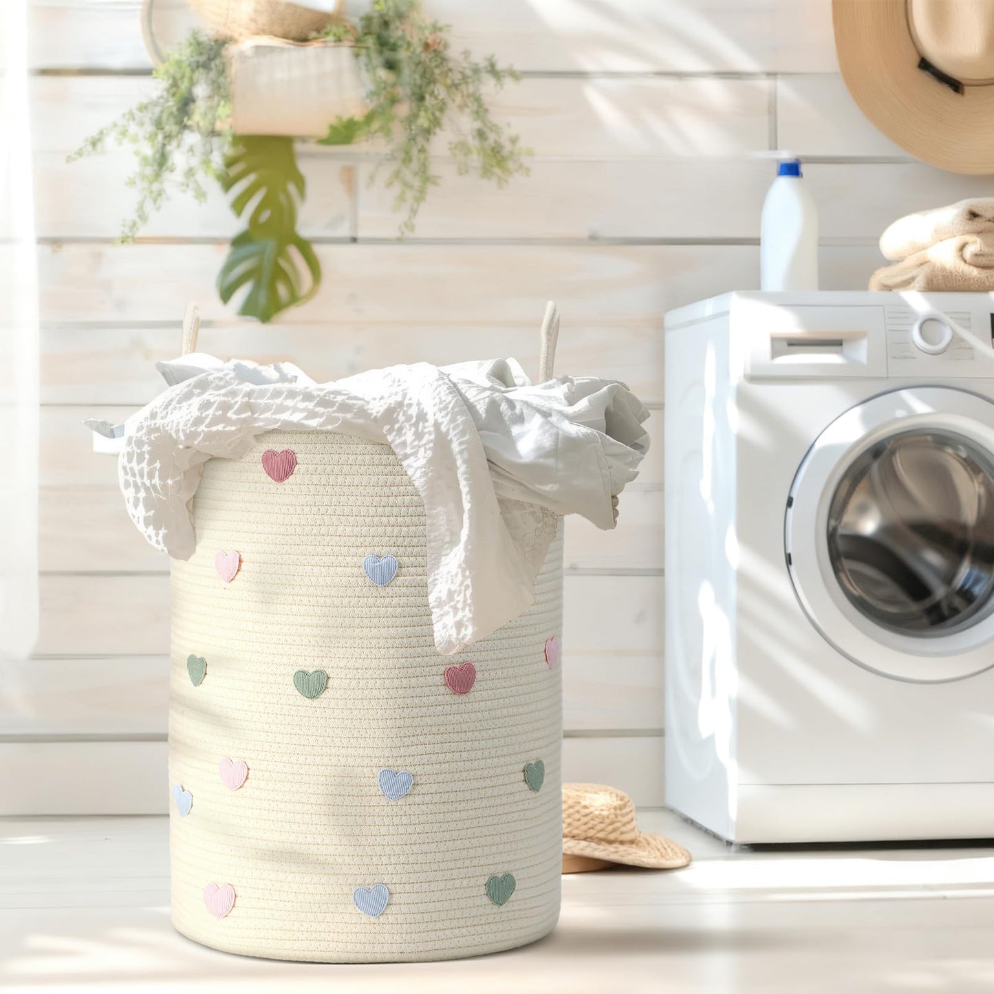 LemonRoad Macaron Heart Laundry Hamper Large Cotton Rope Storage Basket Woven Storage Bucket with Handles for Bathroom Bedroom Nursery Toy Clothes Organizer, 60 L