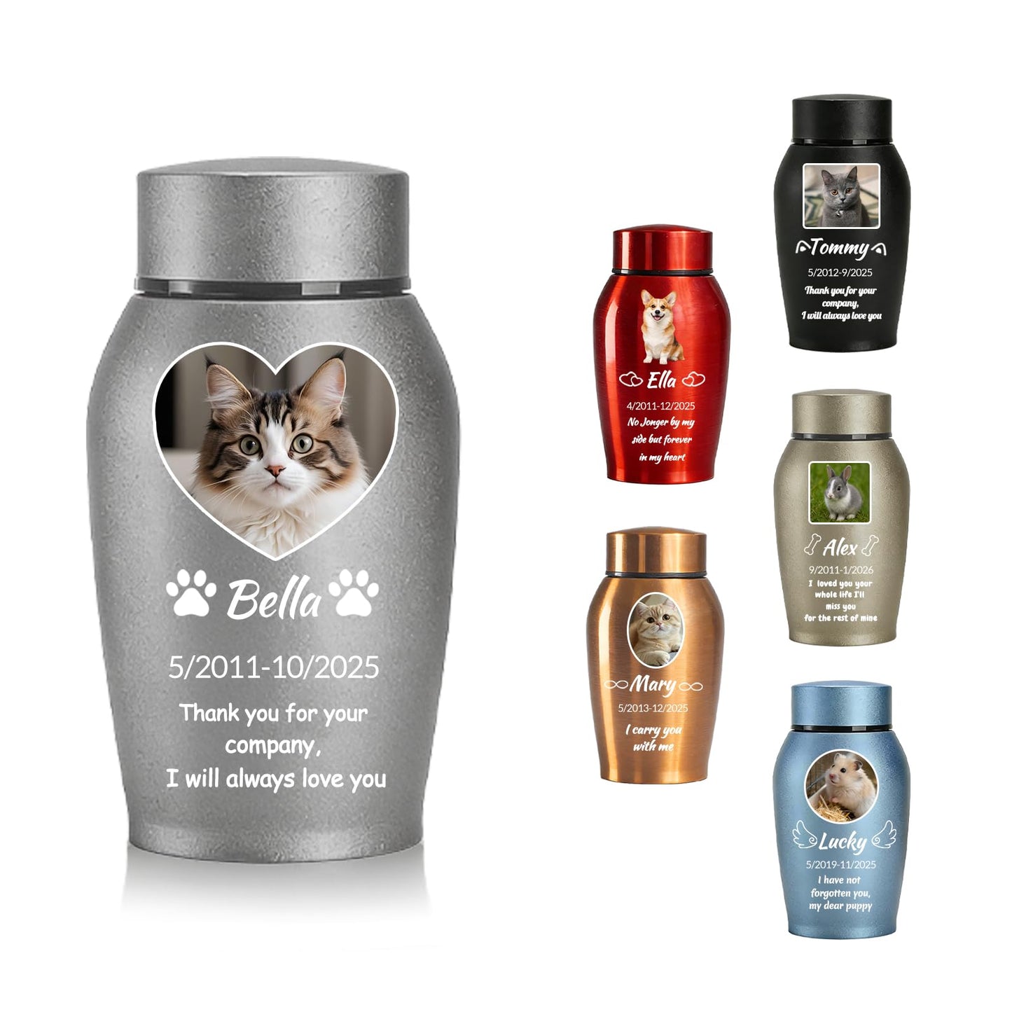 KDY Personalized Pet Urns for Ashes - Custom Pet Photo Name Date for Cremation, Customized Pet Memorial Urn for Dog Cat (Grey)