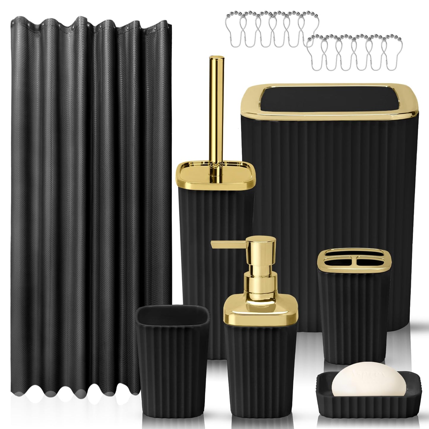 Bathroom Accessory Set, Shower Curtain Set, Toilet Brush, Trash Can & Soap Dispenser (Black Gold, Plastic)