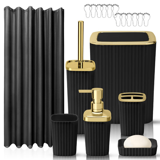 Bathroom Accessory Set, Shower Curtain Set, Toilet Brush, Trash Can & Soap Dispenser (Black Gold, Plastic)
