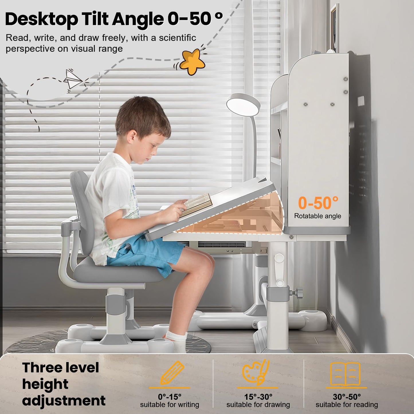 OYOWINGO Kids Functional Desk and Chair Set - Ergonomic Height Adjustable Art Desk for Bedroom with Tiltable Desktop, Book Stand, Reading Rack & Storage Drawer for Children Boys & Girls (Grey)
