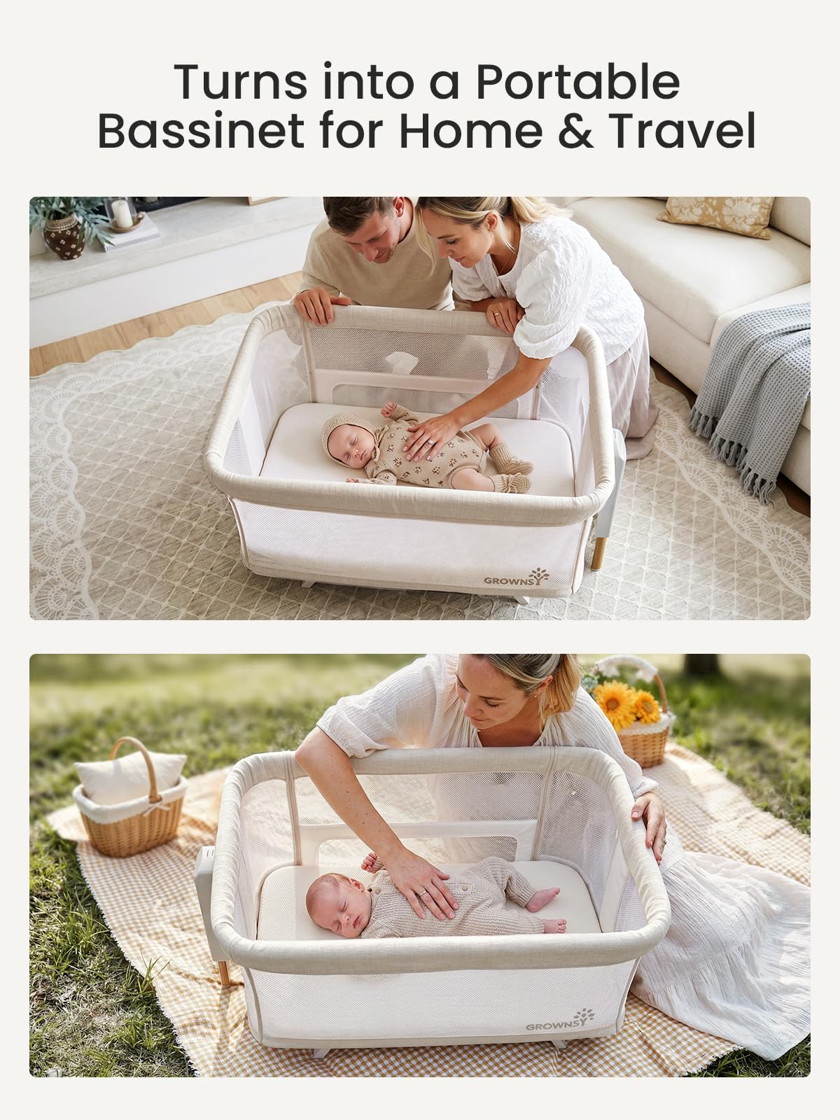 GROWNSY 5-in-1 Baby Bassinet Bedside Sleeper with Gentle Manual Rocking