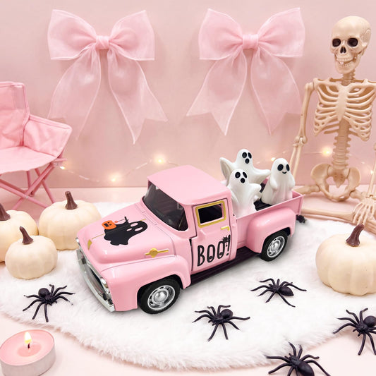 Pink Halloween Ghost Decor Vintage Metal Truck with 3 Mini Ghost Figurines