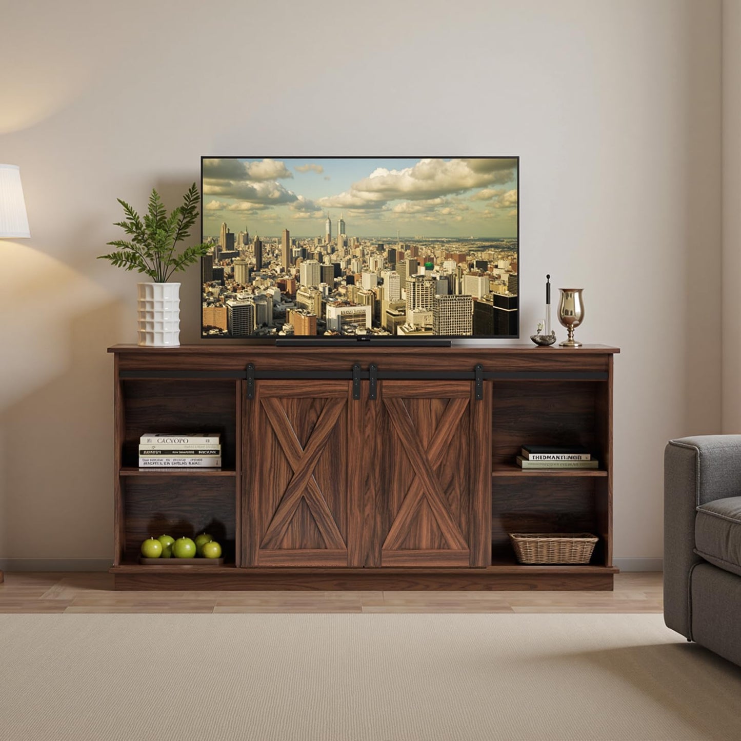 Sweetcrispy Farmhouse TV Stand 65 Inch for Living Room Bedroom Brown, Tall Entertainment Center with Storage Shelves, Media Console Cabinet with Wood Board, 300 LBS Capacity and Sliding Barn Door
