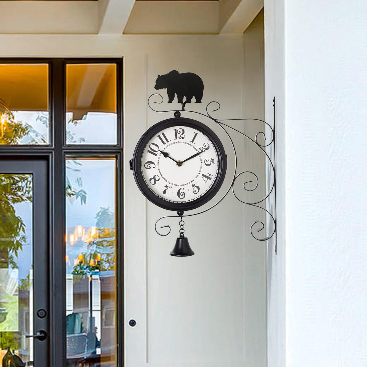 MACVAD Double-Sided Outdoor Wall Clock with Interchangeable Rooster, Bird & Bear Topper, 360° Rotating Iron Hanging Clock, Silent Non-Ticking Quartz Movement, Rustic Farmhouse Porch Garden Decor