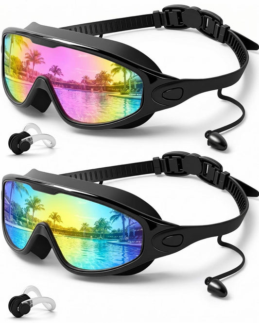Swim Goggles 2 Pack, Wide View Anti Fog&UV Swimming Goggles for Audlt, No Leaking Swim Glasses for Men Women Youth