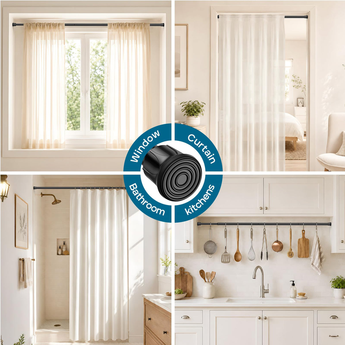 AIZESI 4pack Spring Tension Curtain Rod 28-48" Black No Drill Rods