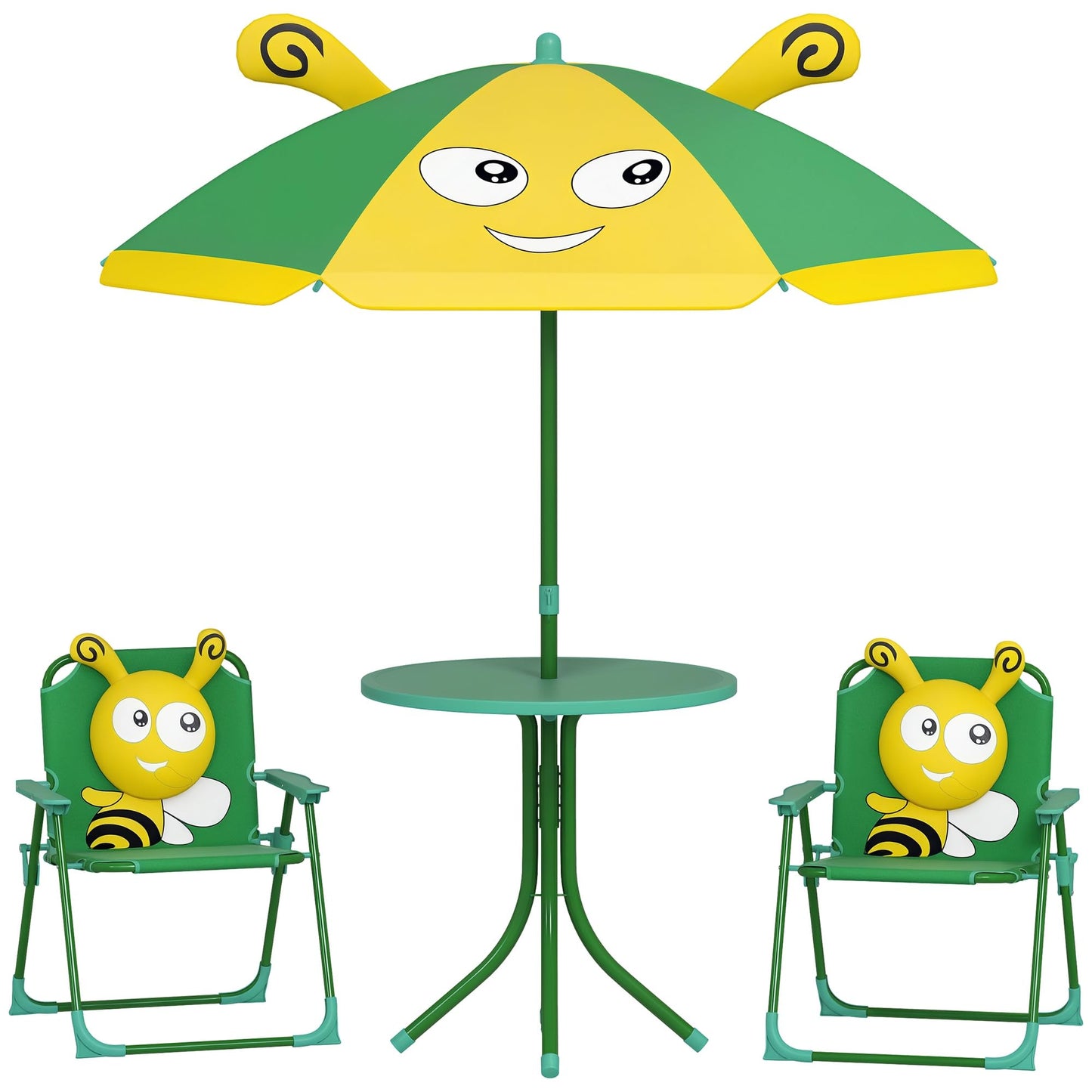 Qaba Kids Picnic Table and Chair Set, Outdoor Activity Table with Foldable Chairs, Removable Umbrella, Bee Pattern Toddler Patio Furniture for Backyard, Garden, Green