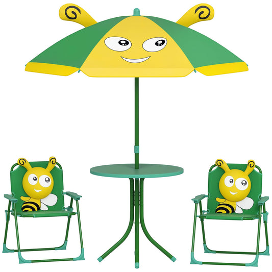 Qaba Kids Picnic Table and Chair Set, Outdoor Activity Table with Foldable Chairs, Removable Umbrella, Bee Pattern Toddler Patio Furniture for Backyard, Garden, Green