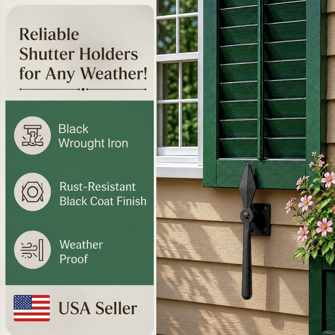Renovators Supply Manufacturing Shutter Dogs 7 in. Black Spoon Shaped Wrought Iron Shutter Dogs with Mounting Hardware Pack of 6