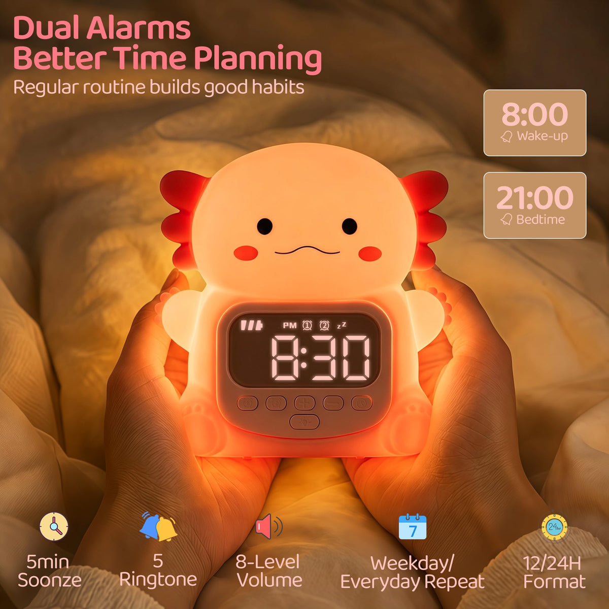 Axolotl Alarm Clock for Kids, Cute Night Light Toddler Alarm Clocks, Pink