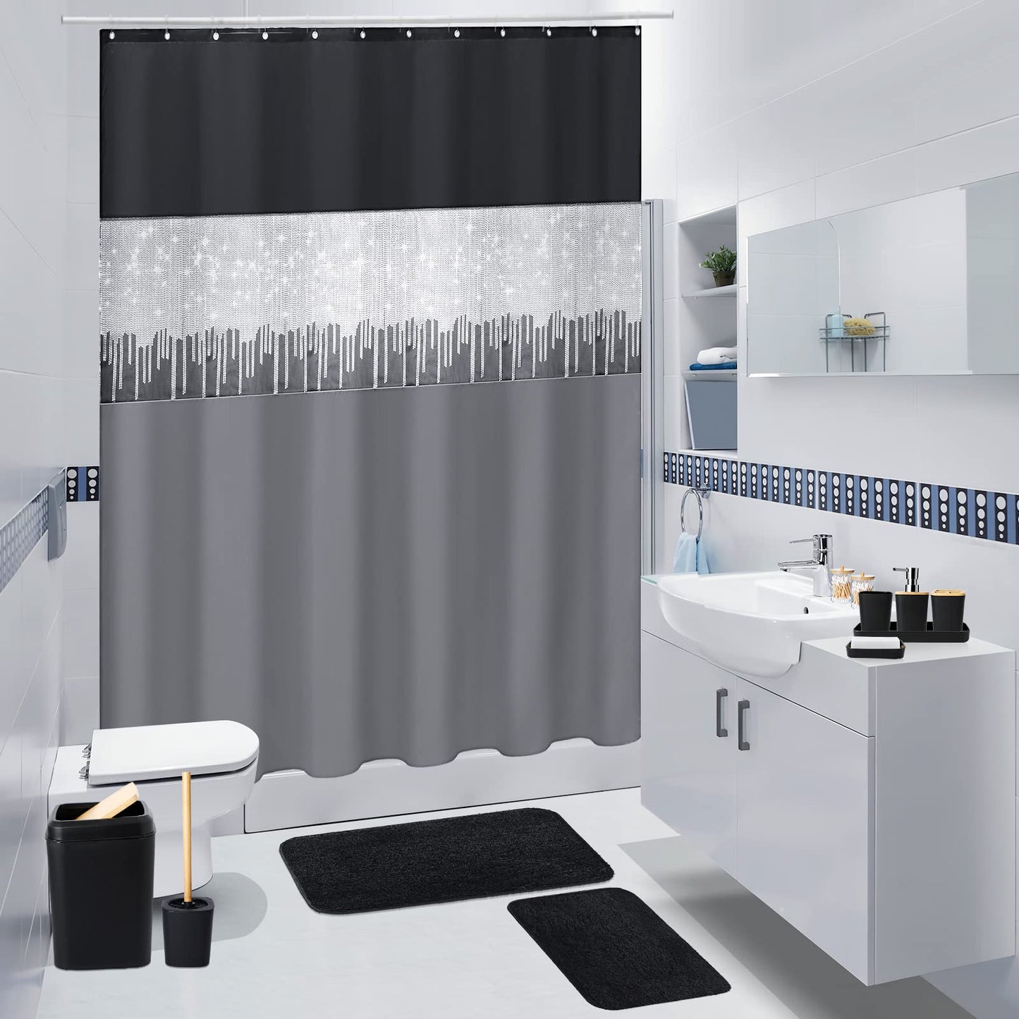 XLHOMO Bathroom Sets with Shower Curtain and Rugs,24PCS Black Bathroom Set Shower Curtain Set with Bathroom Trash Can Bathroom Accessories