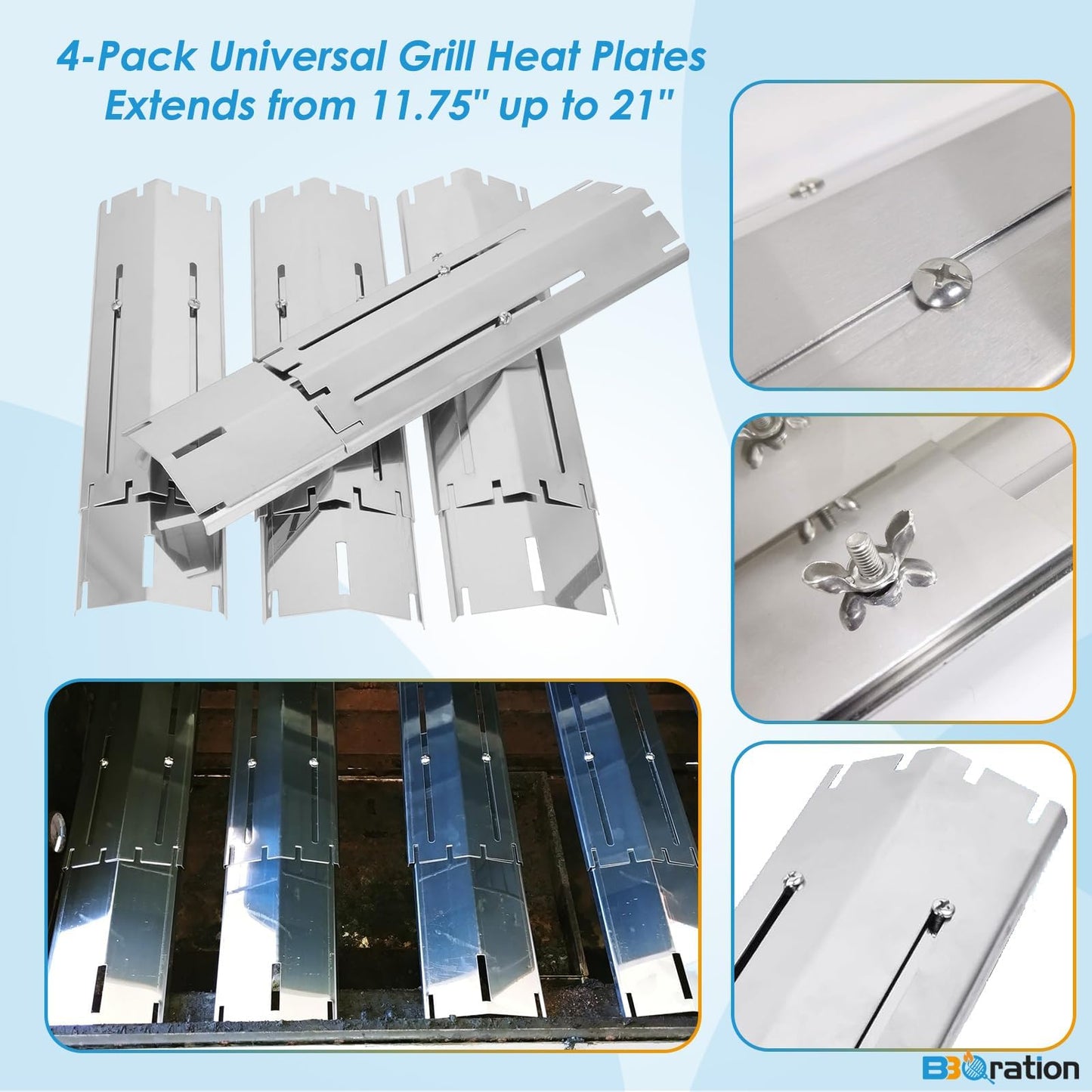 BBQration 4-Pack Universal Grill Heat Plates Extends from 11.75" up to 21" Adjustable Stainless Steel Heat Shield, Flavorizer Bar, Grill Heat Tent, Burner Cover, Flame Tamer for Gas Grill Parts