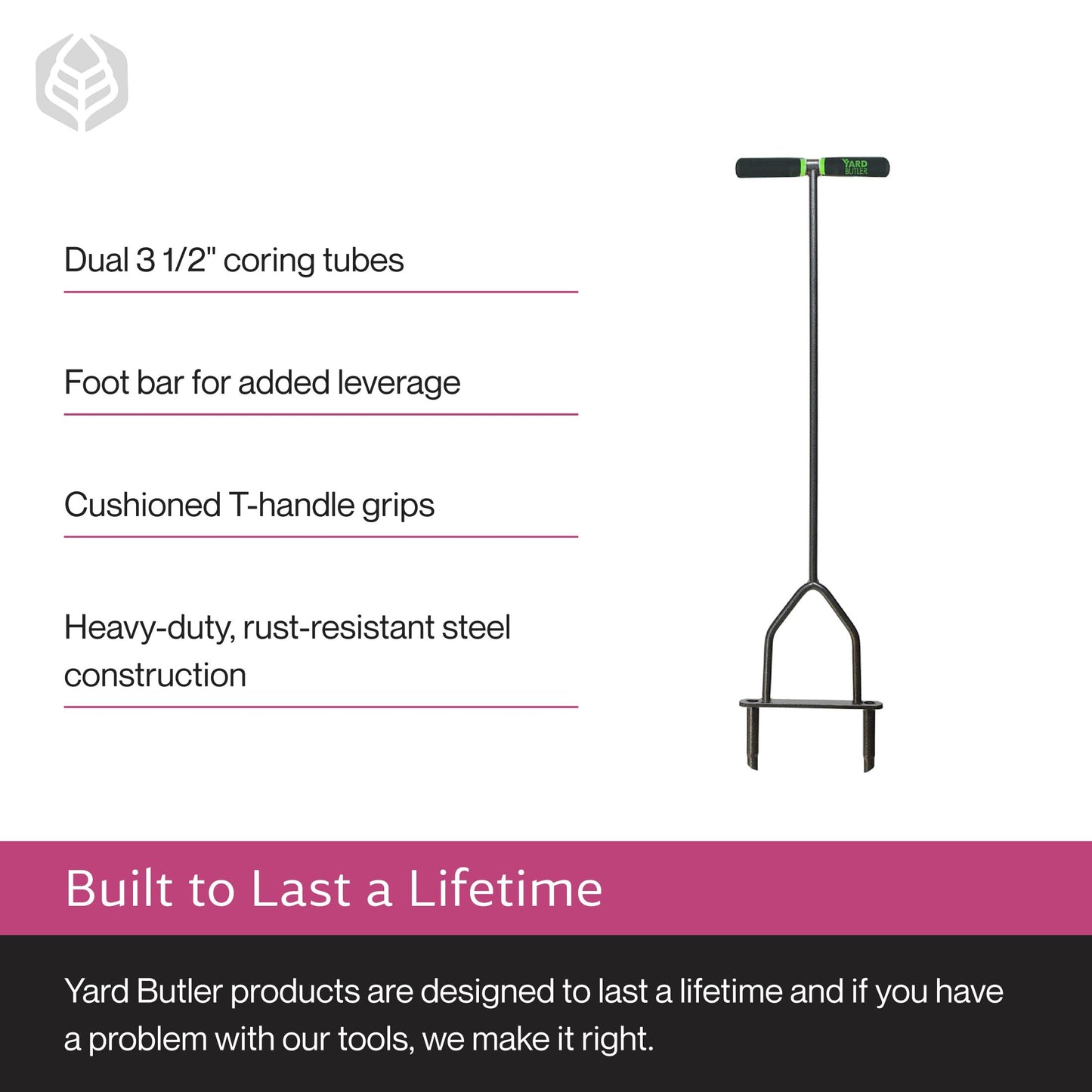 Yard Butler Manual Lawn Coring Aerator, ID-6C - Lawn Care Tool for Aerating - Long-Handled - Power-Coated Steel Construction - Comfortable Cushioned Handles Garden Tool - Easy to Use
