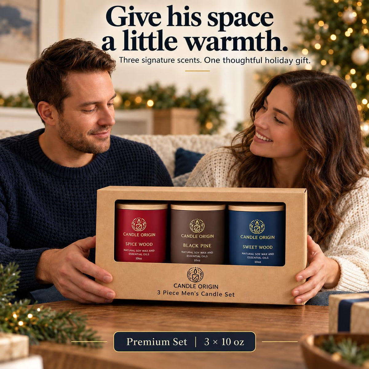Scented Candles for Men, Premium Gift Set 3x10oz, Strong Long Lasting Soy
