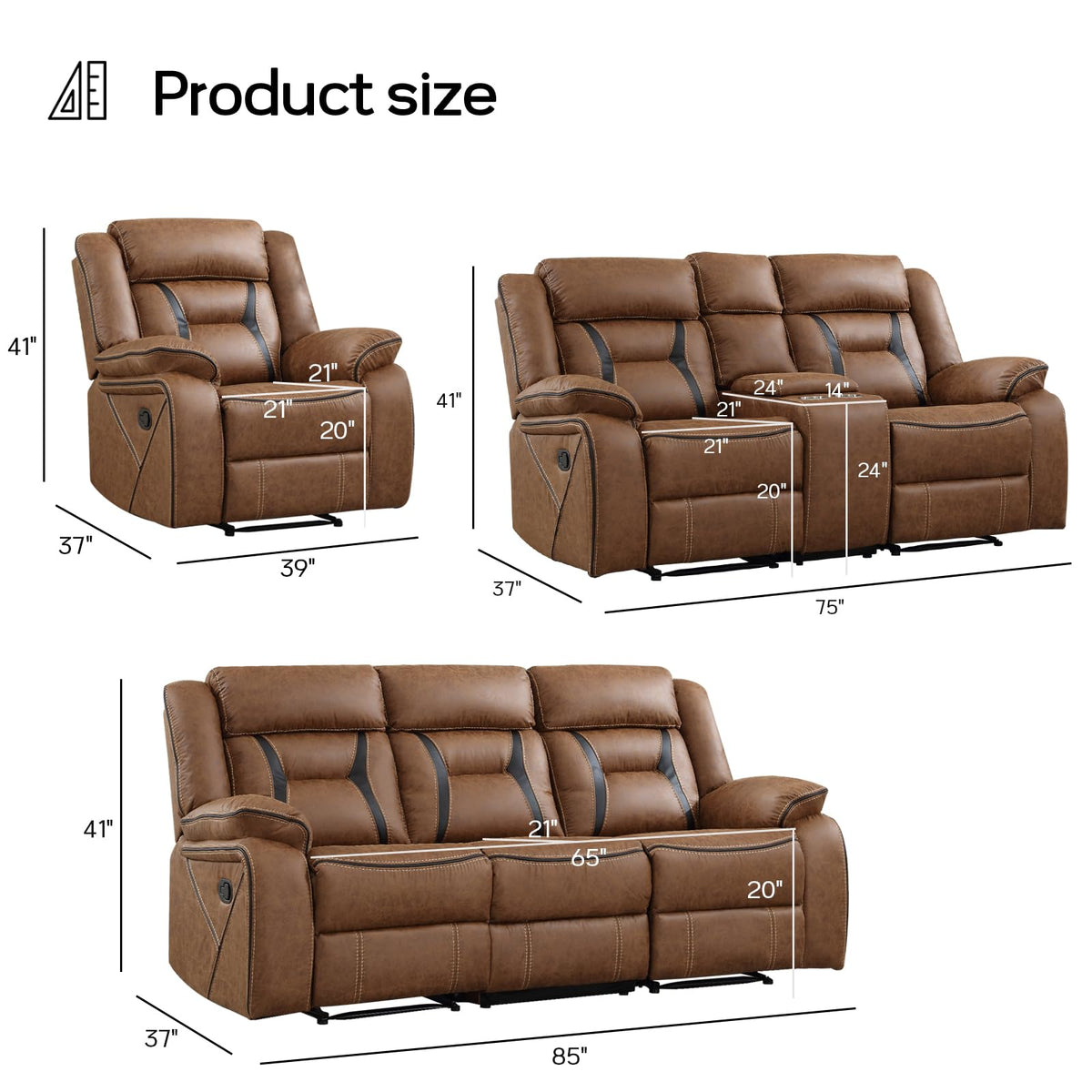 EBELLO Faux Leather Recliner Sofa Furniture Set for Living Room, Recliner Chair, Manual Loveseat, 3 Seat Recliniing Sofa Couch Set for Meeting Room, Brown