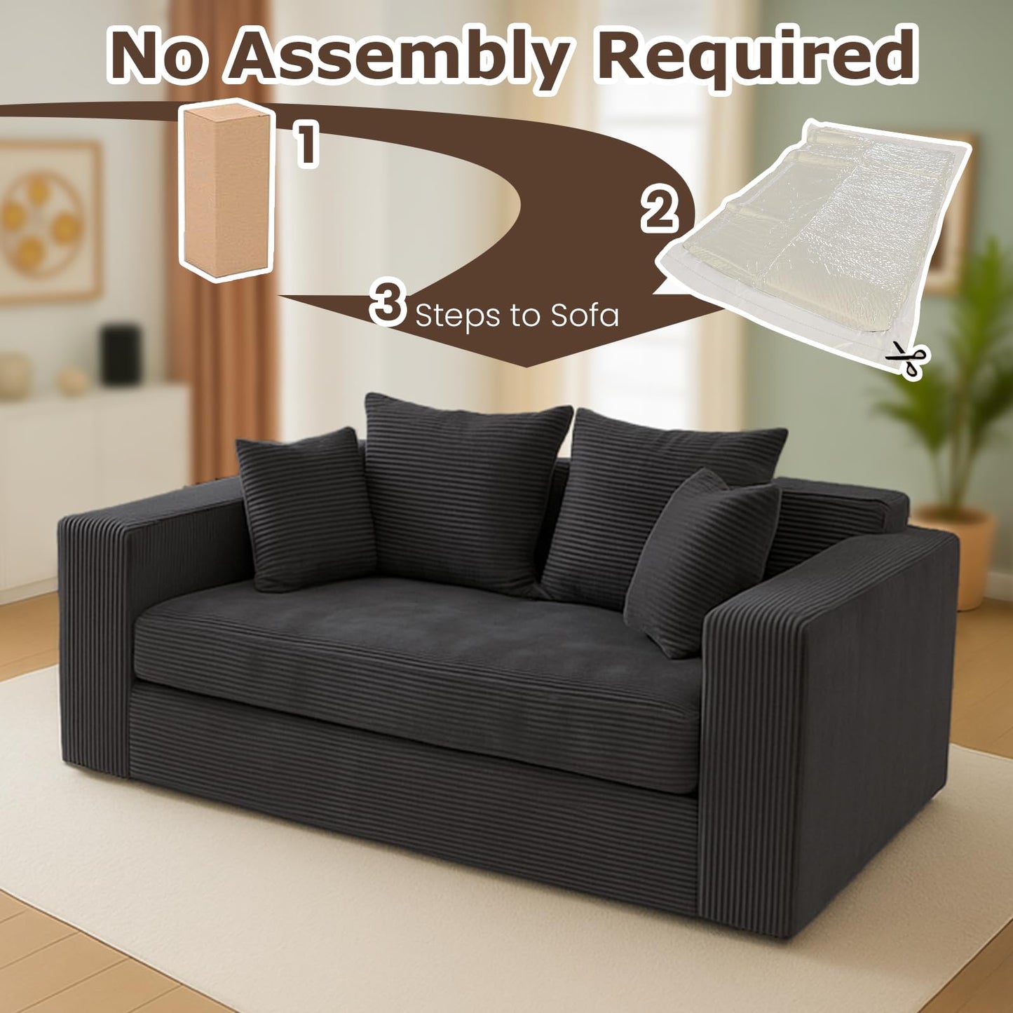 cidludto Convertible Sofa Bed, Boneless Loveseat Folding Couch Bed Foldable - 3 in 1 Small Ccouch & Futon Sofa Bed, Corduroy Pull Out Couch with 4 Pillows for Living Room, Black