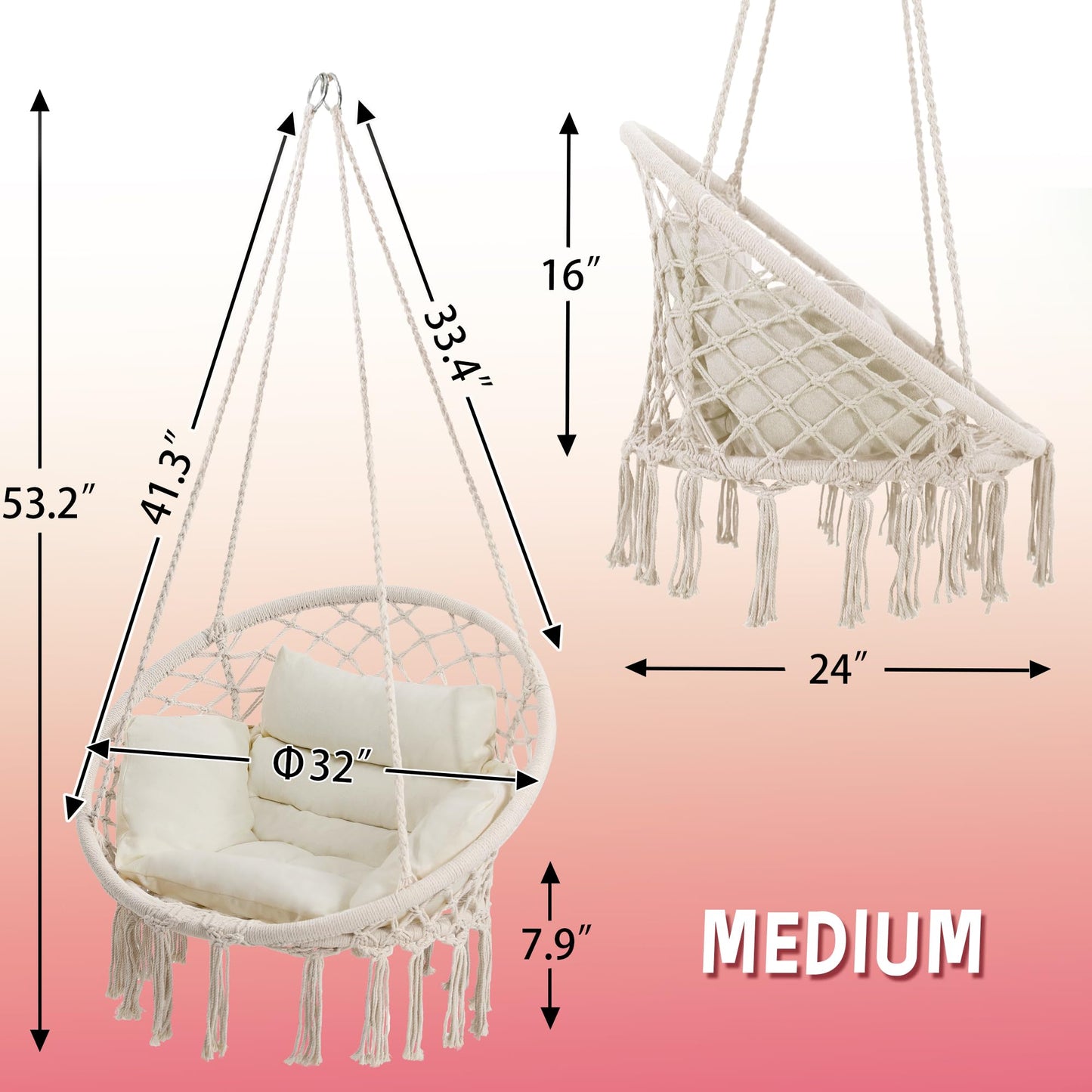 KROFEM Hammock Chair Swing Chair with Boho Medium Cushion, Macrame Hanging Chair for Bedroom, Indoor, Outdoor, Balcony, Porch, Beige