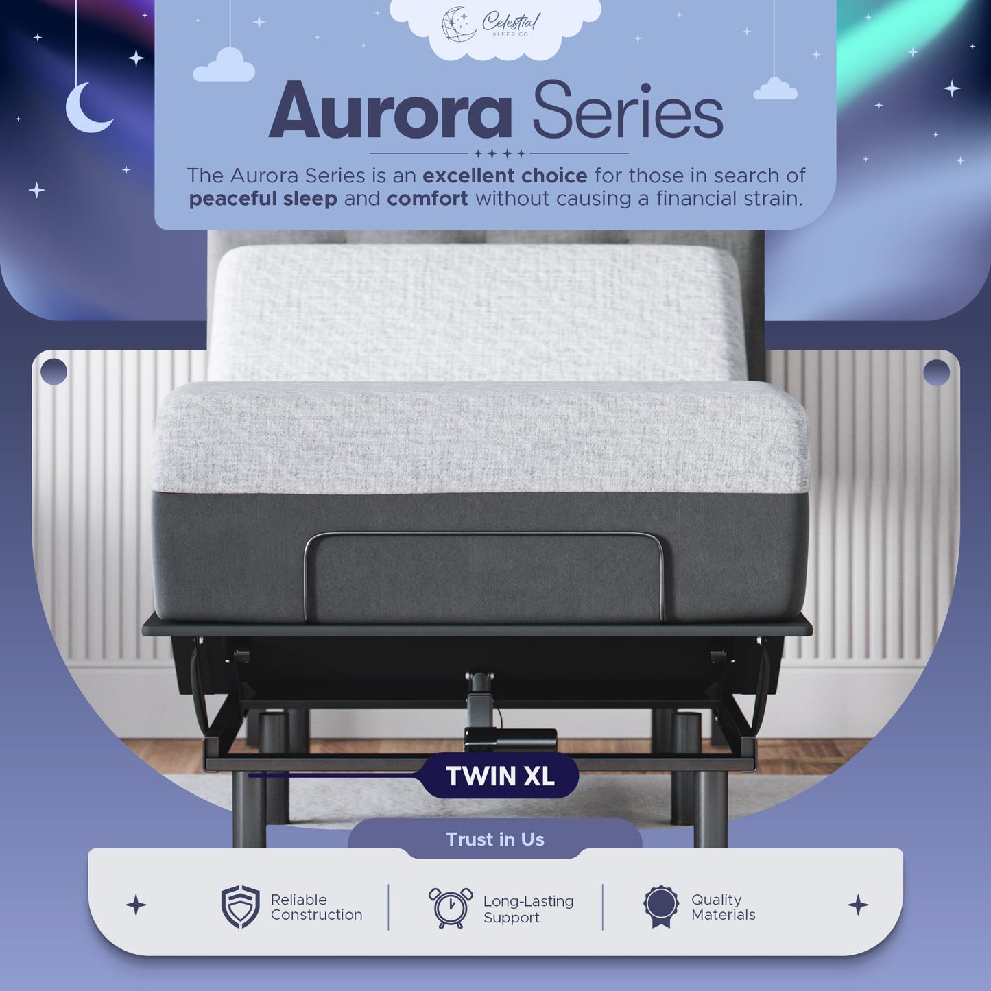 Celestial Aurora Adjustable Bed Base (Frame) + 8 inch Gel Memory Foam Mattress (Firm), Easy Assembly, Head and Foot Lift, Zero Gravity, Memory Positions, CertiPUR-US Bed - TwinXL