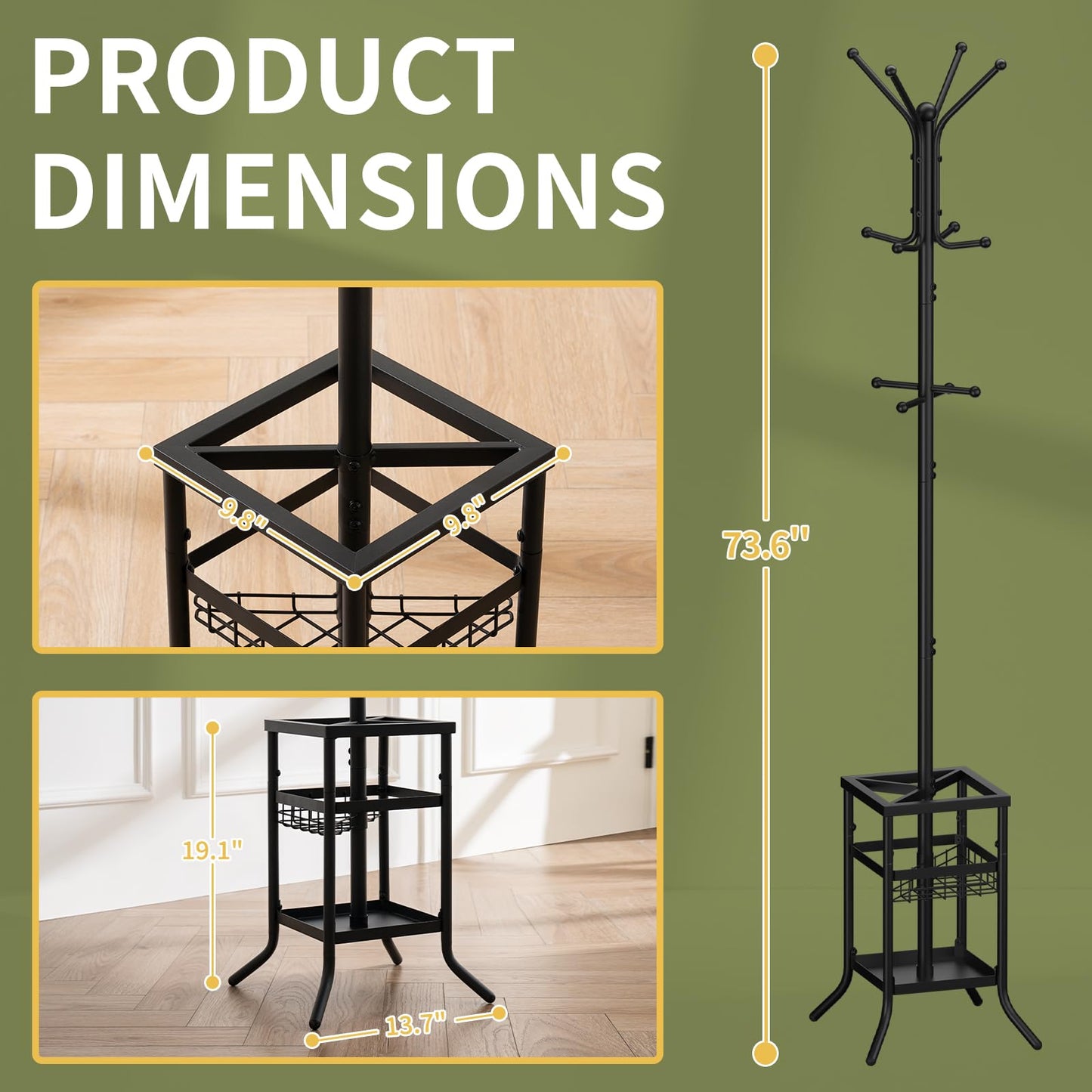 Yoobure Coat Rack Freestanding - Coat Tree with Umbrella Holder, Metal Coat Rack Stand with 12 Hooks, Modern Coat Hanger Stand for Entryway, Purse Rack Hat Rack Stand for Living Room Bedroom Office