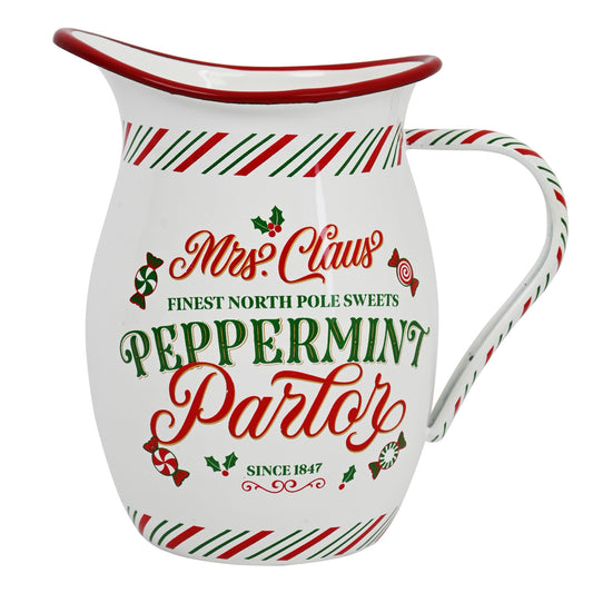 Vintage Enamel Pitcher with Wide Handle Festive Santa Claus Christmas Decoration Metal Farmhouse Pitcher Vase Flower Decoration for Tabletop, Office, Home, Gift And Iced Tea, Coffee
