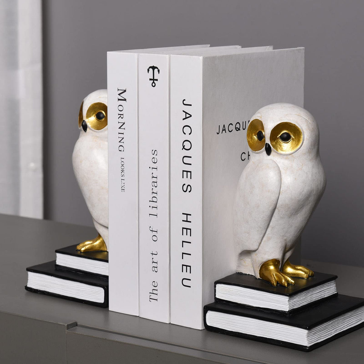Kakizzy Book Ends for Shelves, Owl Decorative Bookends Bronze Bird Book Stopper Unique Kids Book Holders with Anti-Slip Base Luxurious Bookends for Kids Rooms Office Home Decor(White)
