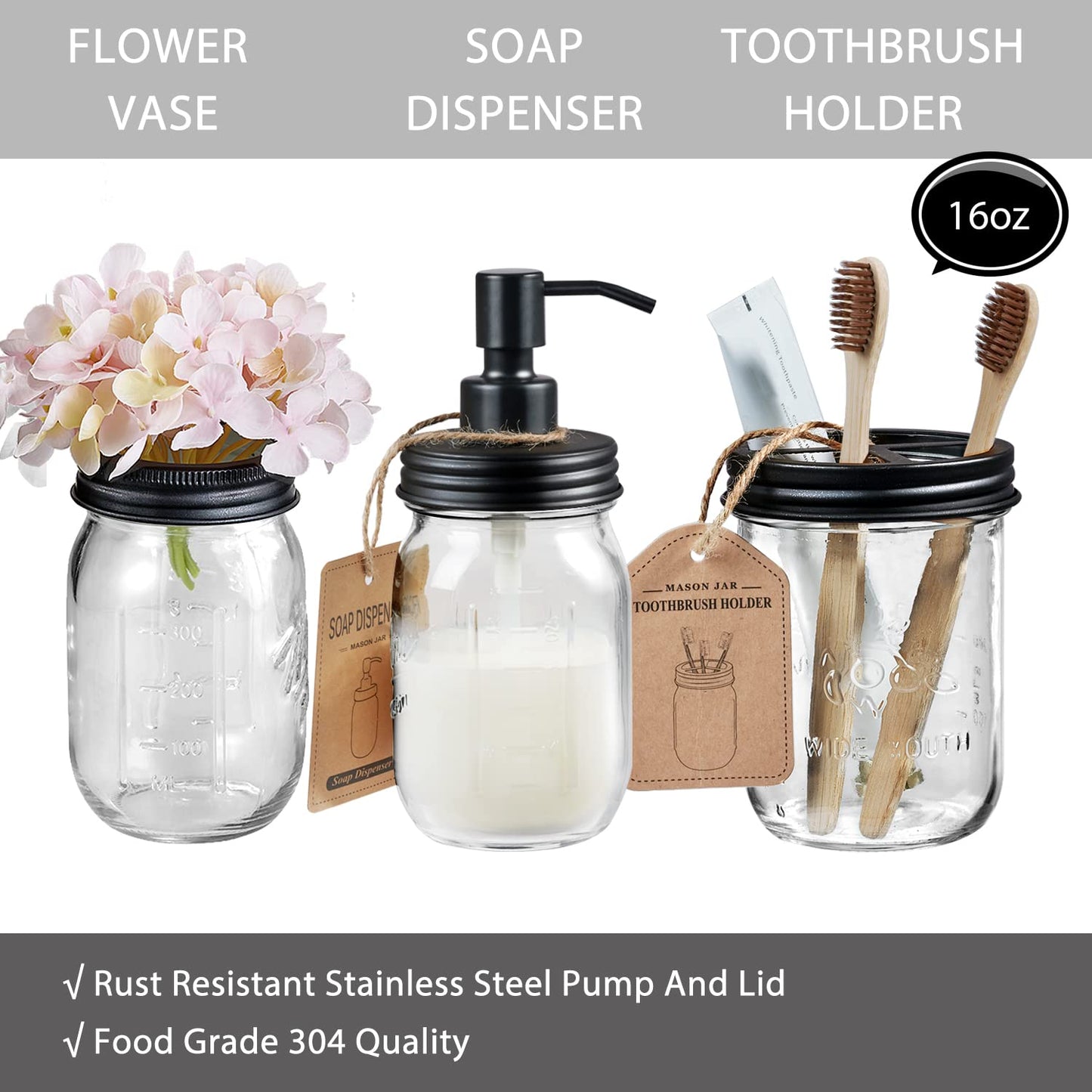 SheeChung 8PCS Mason Jar Bathroom Accessories Set Complete - Black