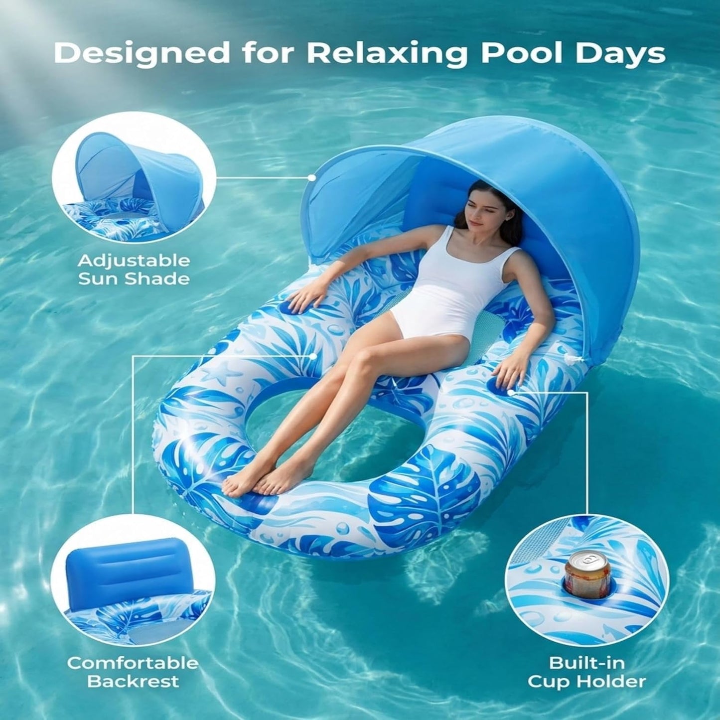 Pool Floats Adult with Canopy, Inflatable Lounger Float with Adjustable Sun Shield & Cup Holders, Water Chair for Swimming Pool Party