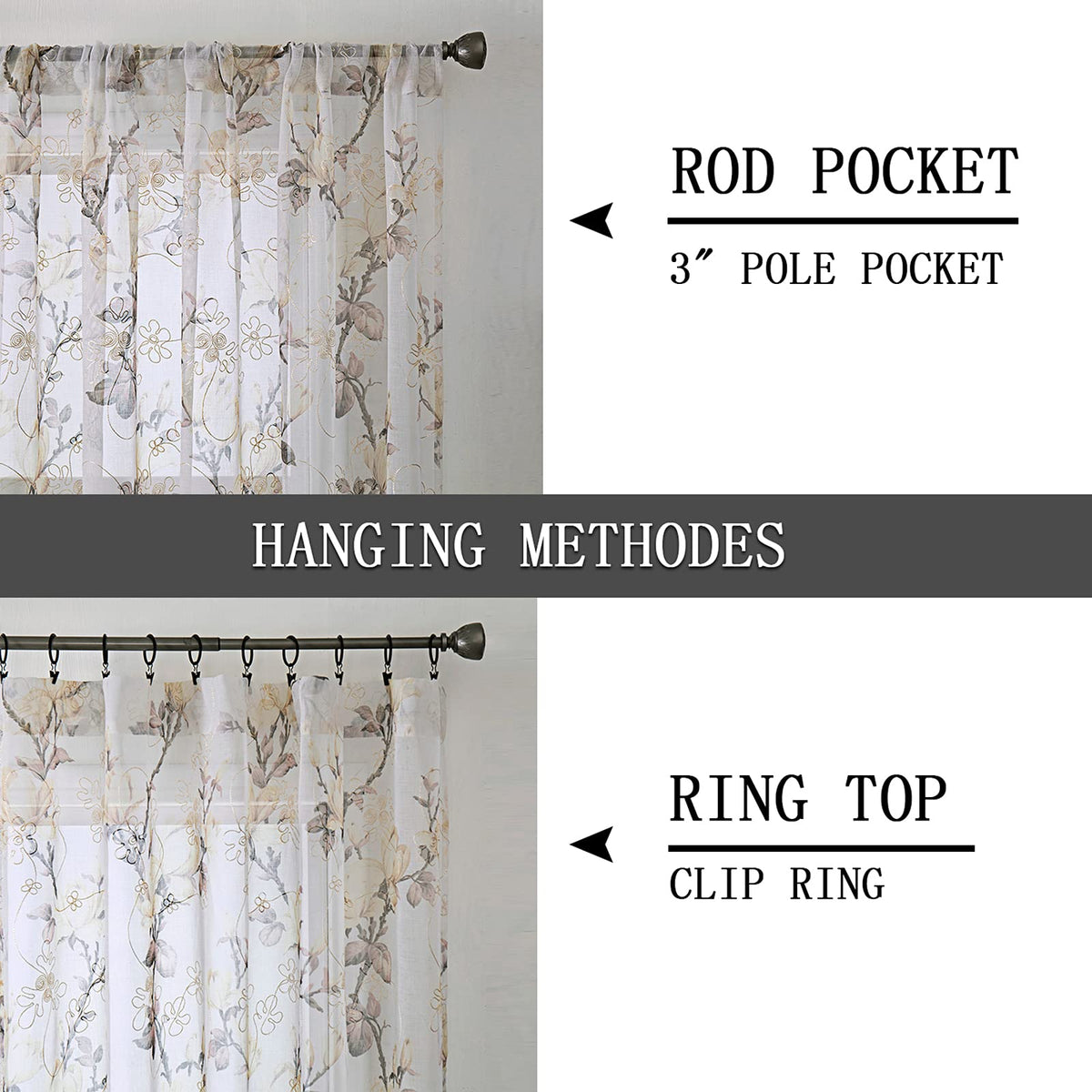Tollpiz Floral Short White Sheer Tier Curtains Flower Print Vine Embroidery Kitchen Half Curtain Rod Pocket Café Voile Window Curtains for Bathroom, 30 x 24 inches Long, Set of 2 Panels