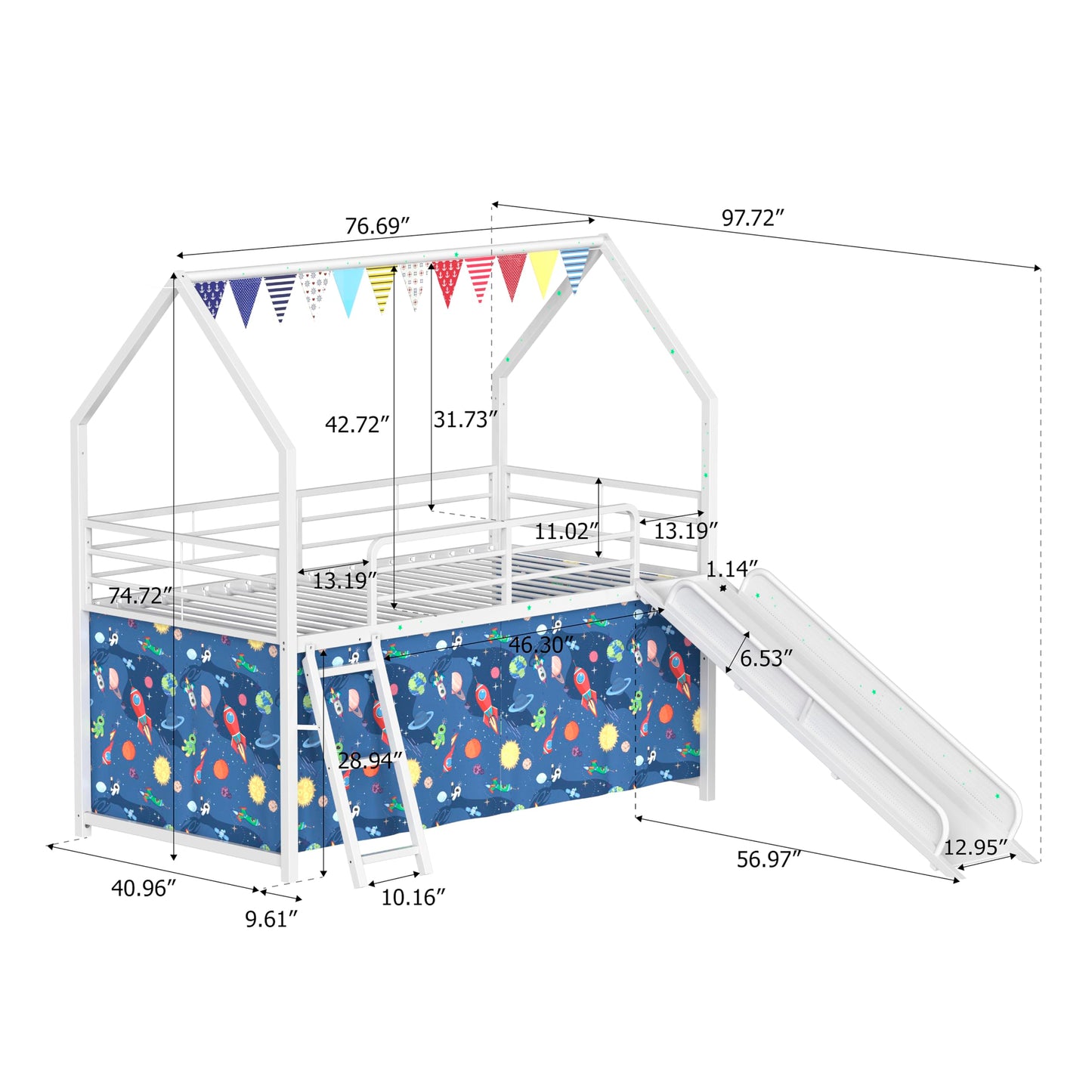 Metal Junior House Twin Loft Bed with Slide and Curtain Set and Pennant Banner Flag and Star Stickers, White with Blue