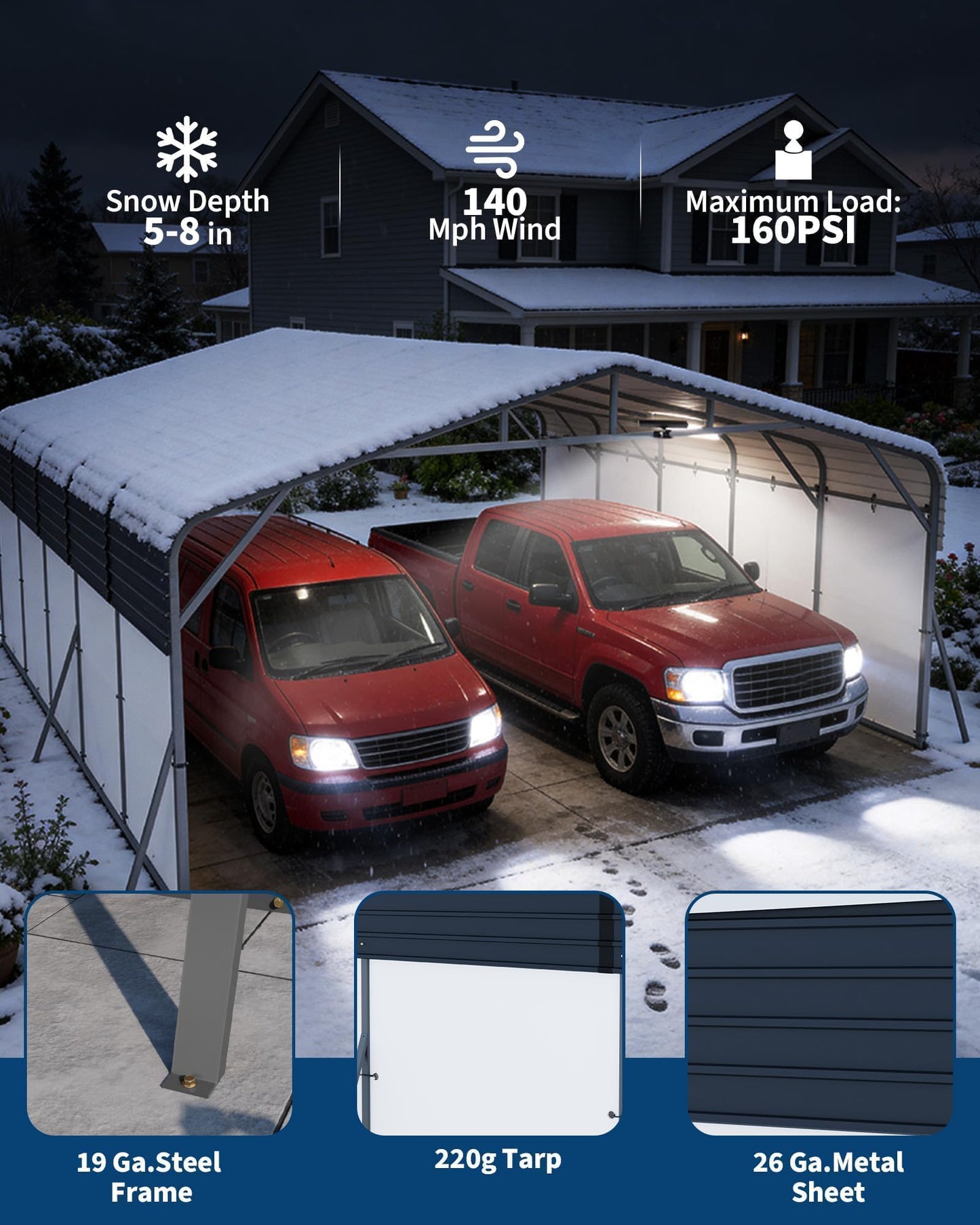 Garvee 20x25ft Heavy Duty Metal Carport, 2-Car Carport Kit with Solar Lights and Removable PE Sidewalls, RV Boat Trailer Steel Garage Shelter