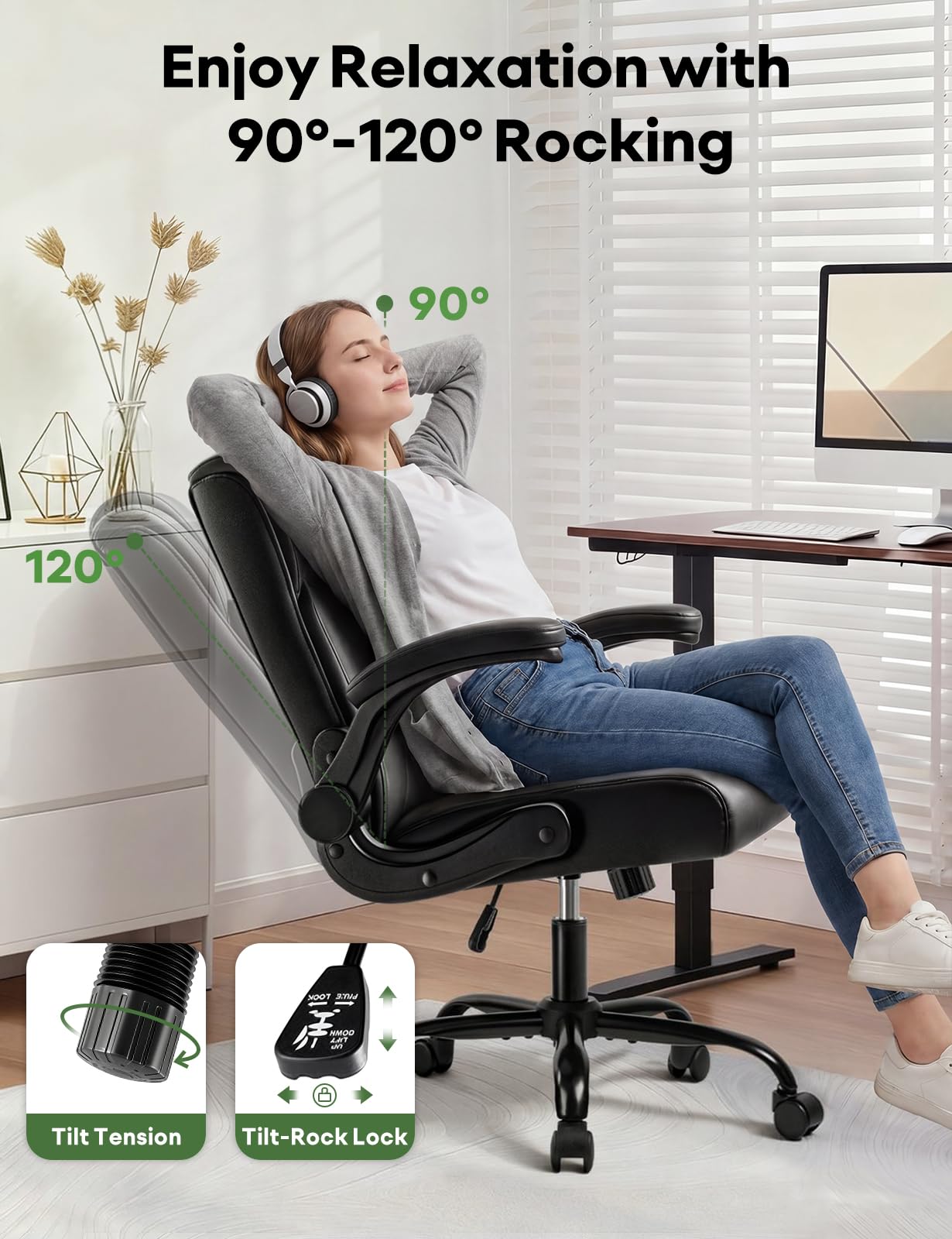 VENDORZ Executive Office Chair, Ergonomic Home Office Desk Chair with Lumbar Support & Flip-up Armrest, PU Leather Computer Seating for Short People, Black