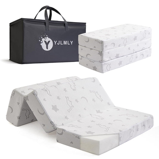 YJLMLY 5" Tri-Fold Foam Pack and Play Mattress Topper,39"x26"- Memory Comfort High Density Plush - Breathable Removable Washable Cover - Portable Travel Pad with Carry Bag for Indoor & Outdoor Use
