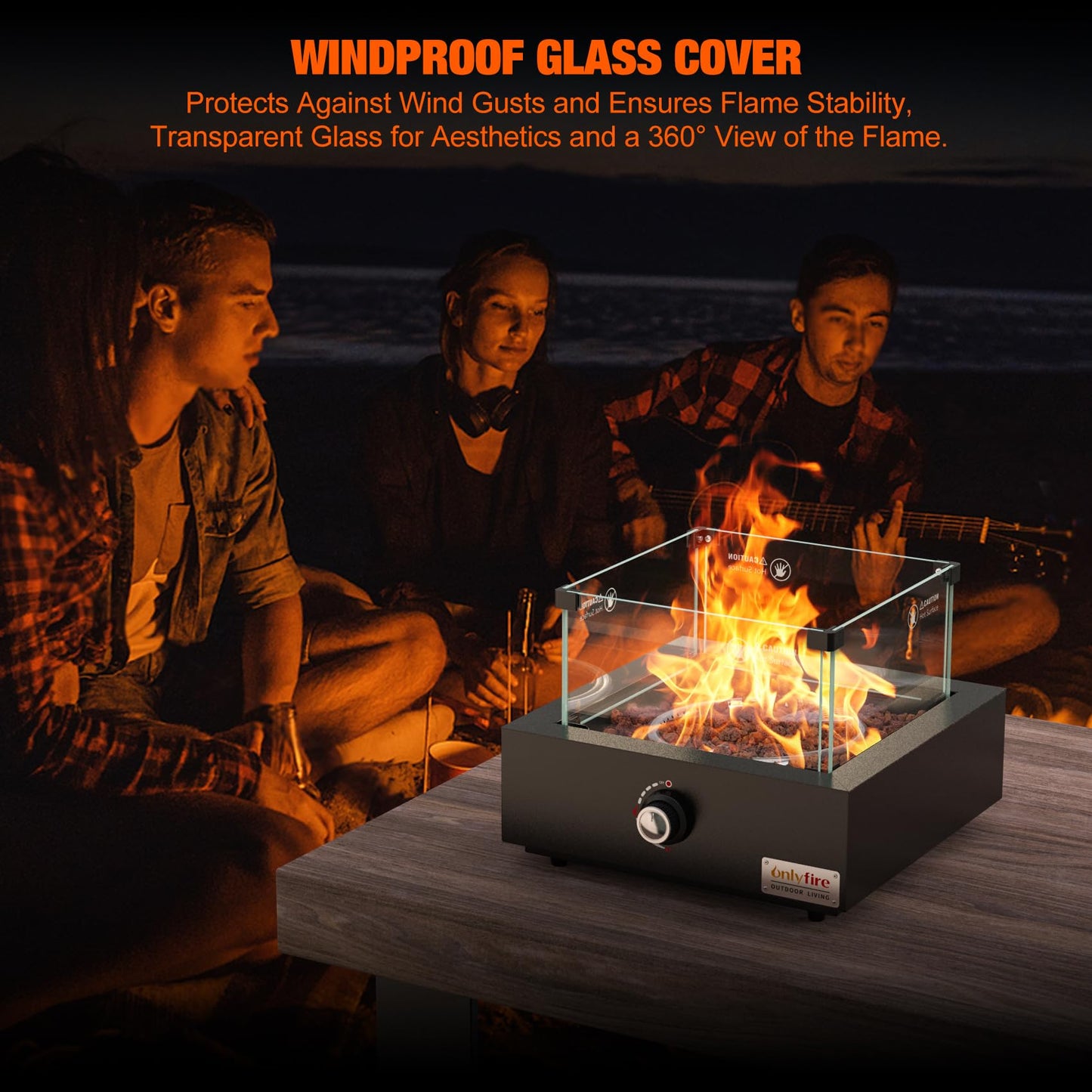 ONLYFIRE OUTDOOR LIVING 15.7" Portable Propane Gas Fire Pit Side-Mounted, Modern Tabletop Fireplace Smokeless Firepit with Glass Wind Guard for Patio Camping RV Tailgating, 23000BTU, Squre FP040
